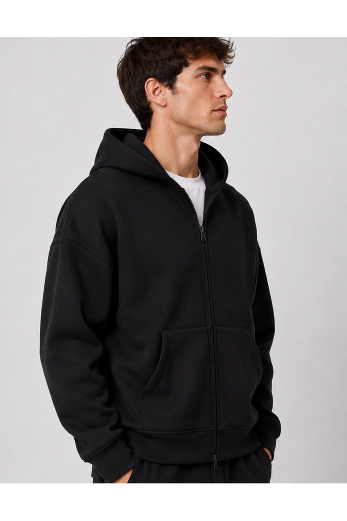 Erkek Siyah Kapüşonlu Fermuarlı Oversize Sweatshirt Kışlık Okul Hırkası Şardonlu Baskılı — مشکی DEEPHIRKA — تصویر 5 از 8