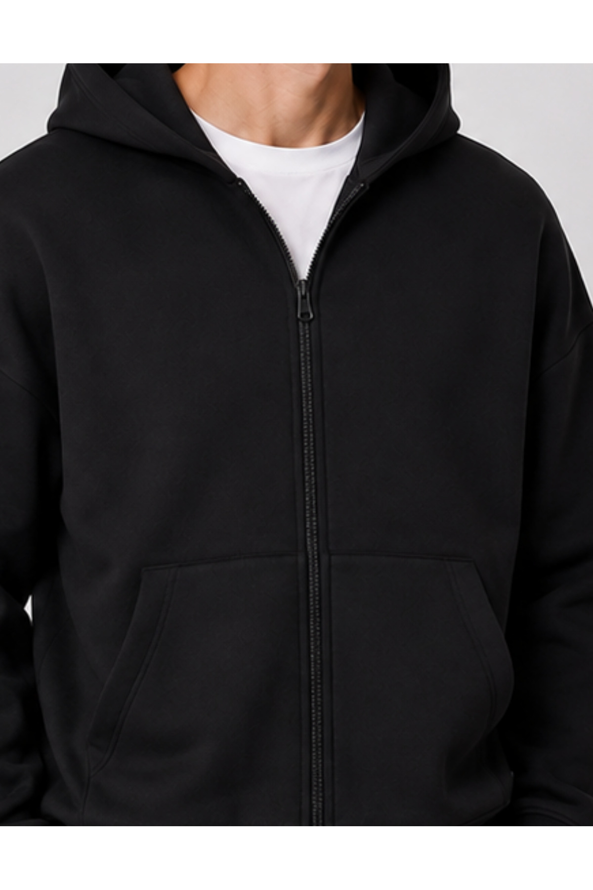 Erkek Siyah Kapüşonlu Fermuarlı Oversize Sweatshirt Kışlık Okul Hırkası Şardonlu Baskılı — مشکی DEEPHIRKA — تصویر 7 از 8