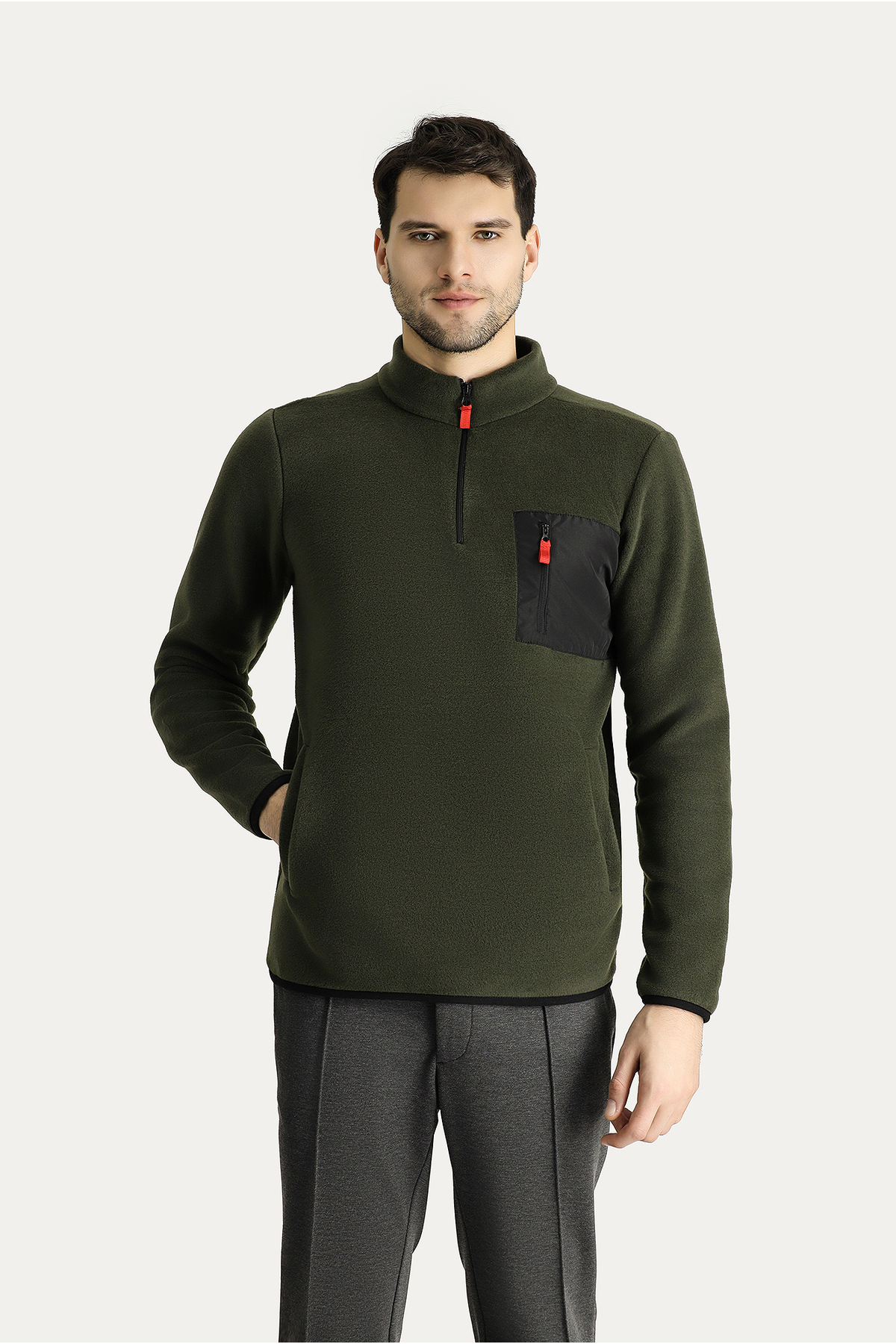 Kiğılı Dik Yaka Yarım Fermuarlı Soğuk Geçirmez Tüylenme Yapmayan Cep Detaylı Polar Sweatshirt görsel 3