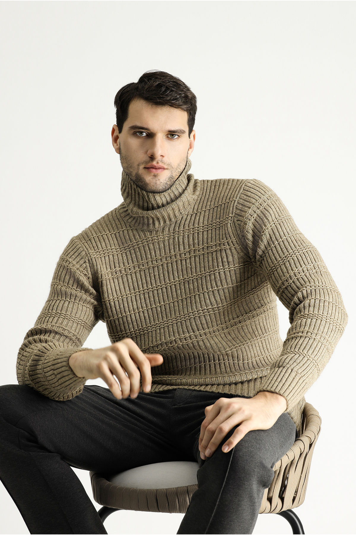 Kiğılı Balıkçı Yaka Slim Fit Dar Kesim Desenli Triko Kazak