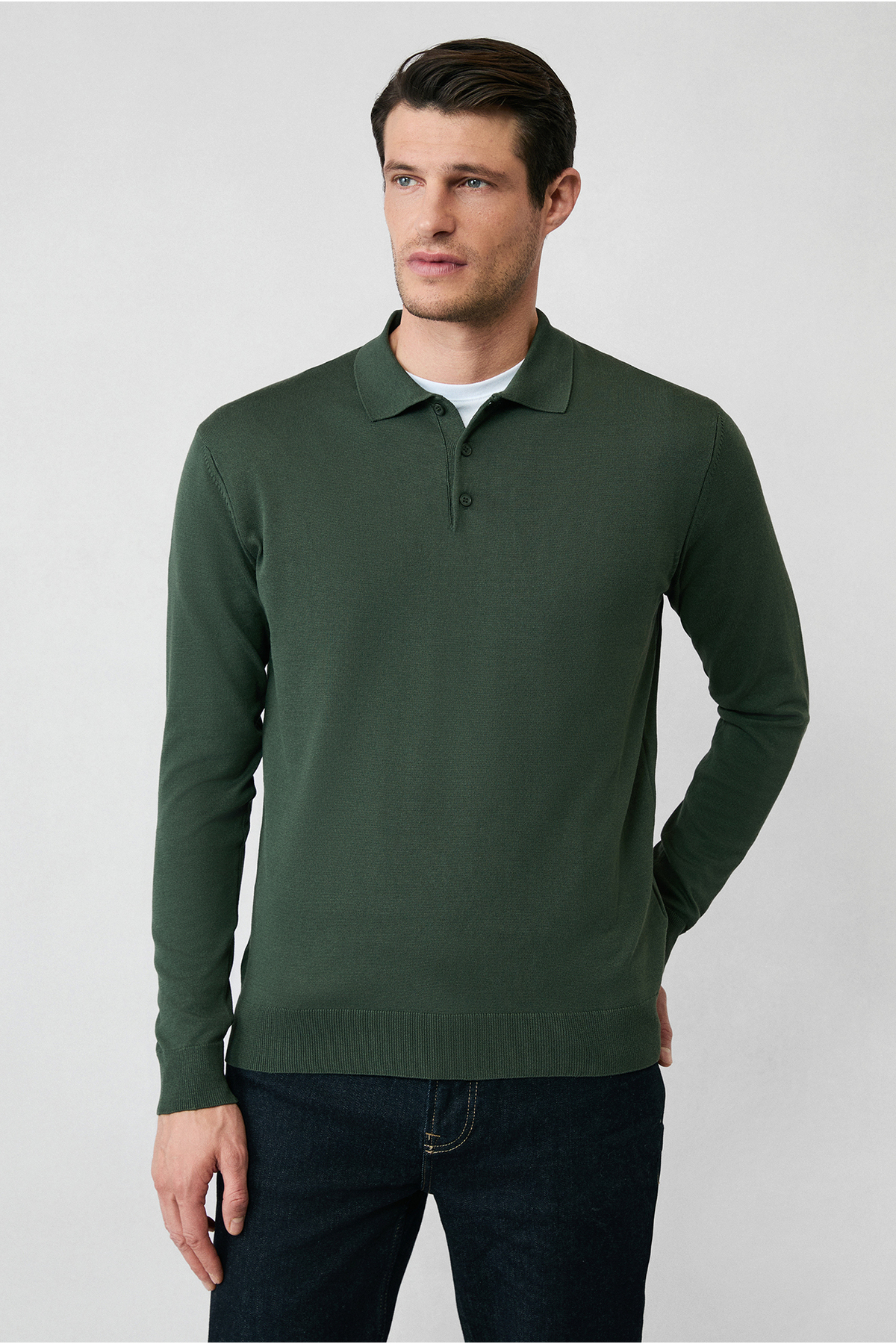 Regular Fit Düğmeli Polo Yaka Triko Kazak — خاکی KKBSD178DZ001 — تصویر 4 از 7