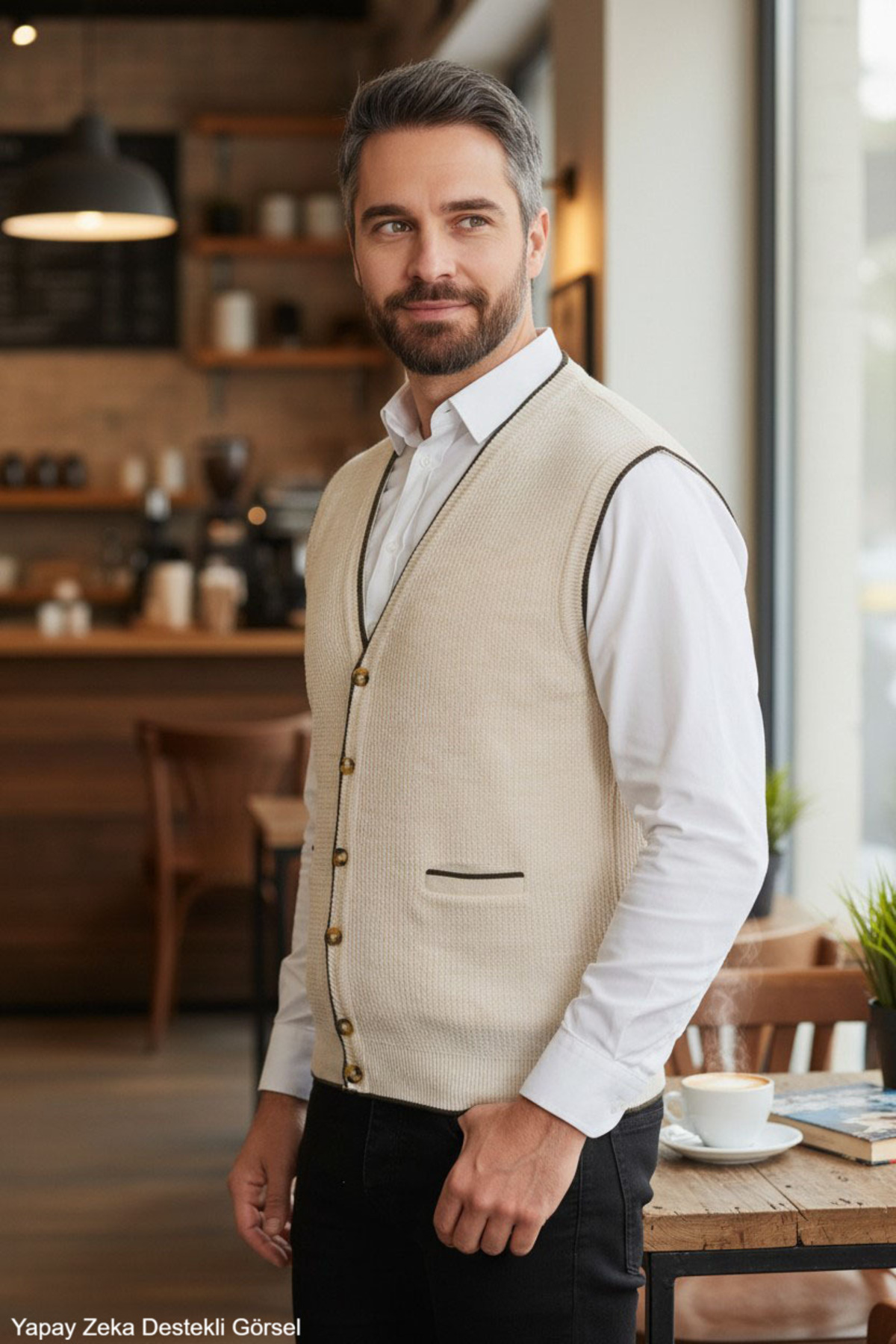 Kamalı Erkek Krem V Yaka Triko Düğmeli Cepli Çizgi Desenli Regular Fit Tüylenmeyen Örgü Yelek görsel 3