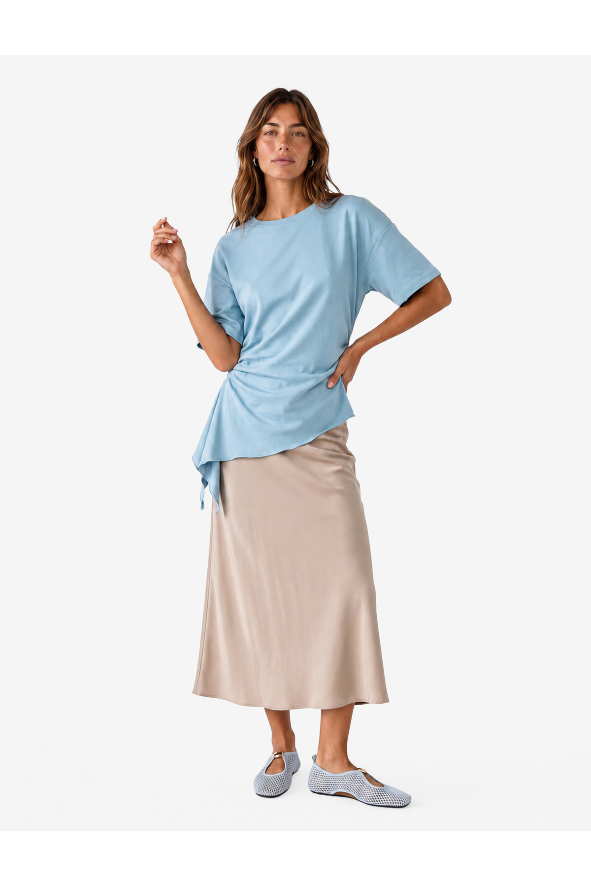 Koton Cotton Slim Fit Short Sleeve Ruffle Draped Asymmetric Cut T-Shirt