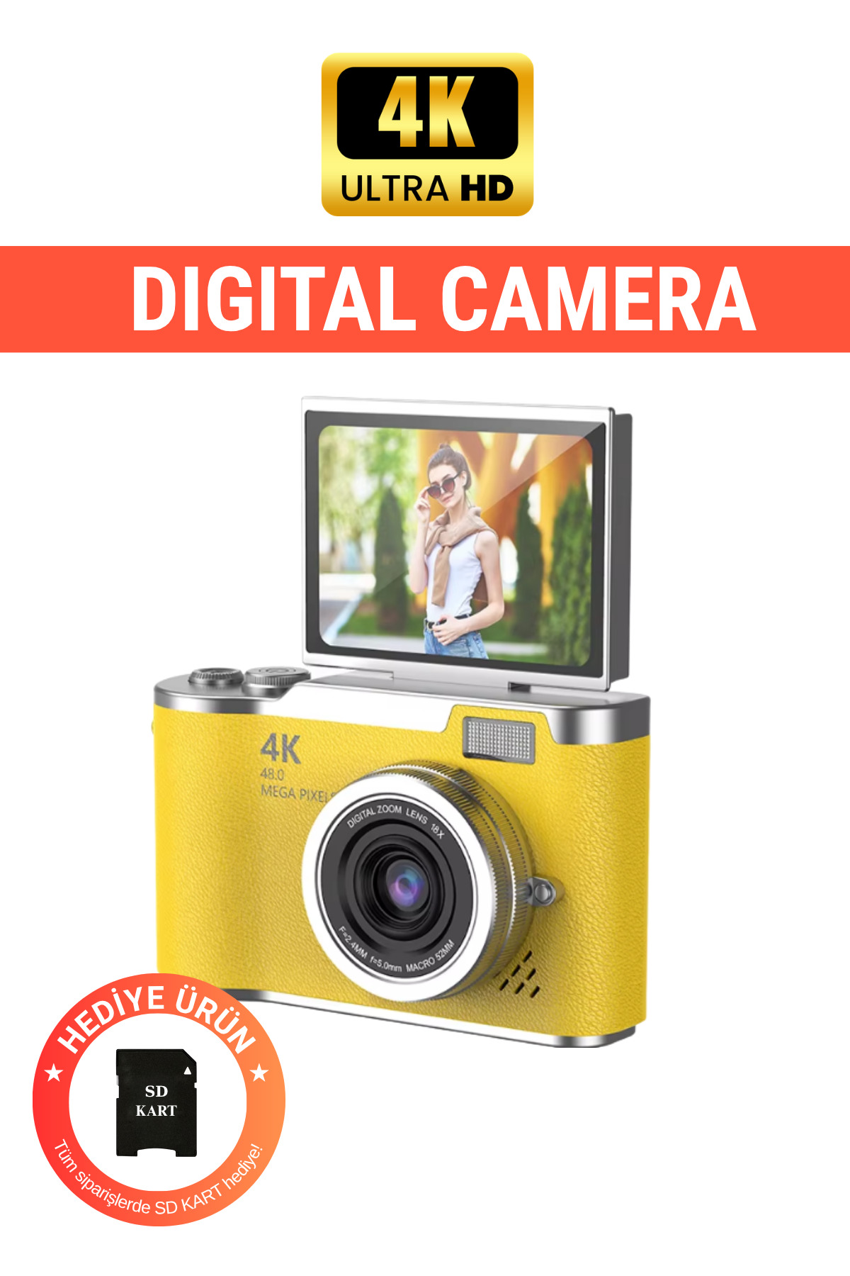 WUNİT LK-007 4K UHD 48 MP Dijital Kamera 18X Zoom Flaş 32GB SD Kart 180° Flip Ekranlı Seyahat & Vlog Retro
