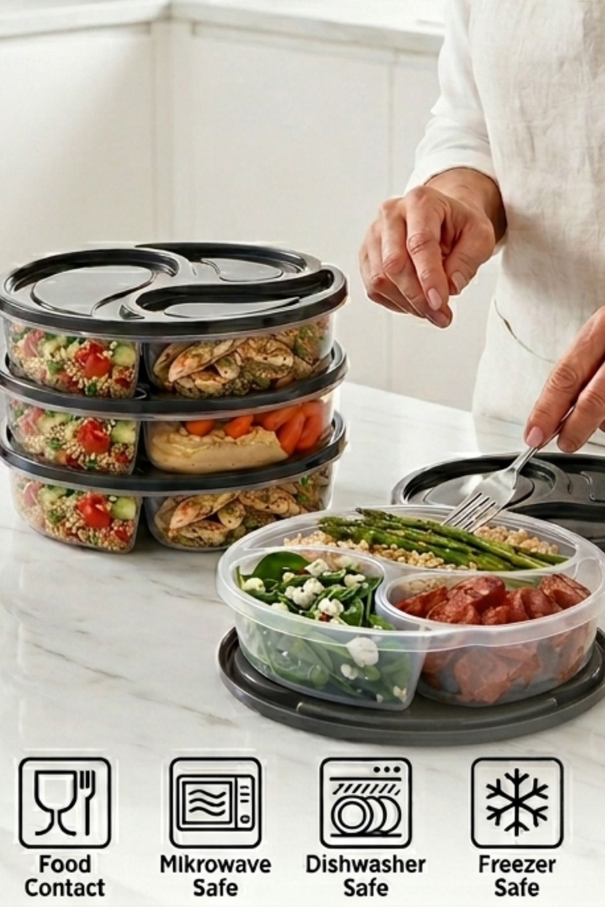 4 Pieces 3 Compartment, Microwave and Differentiated Diet Container Storage Set 1,1LT