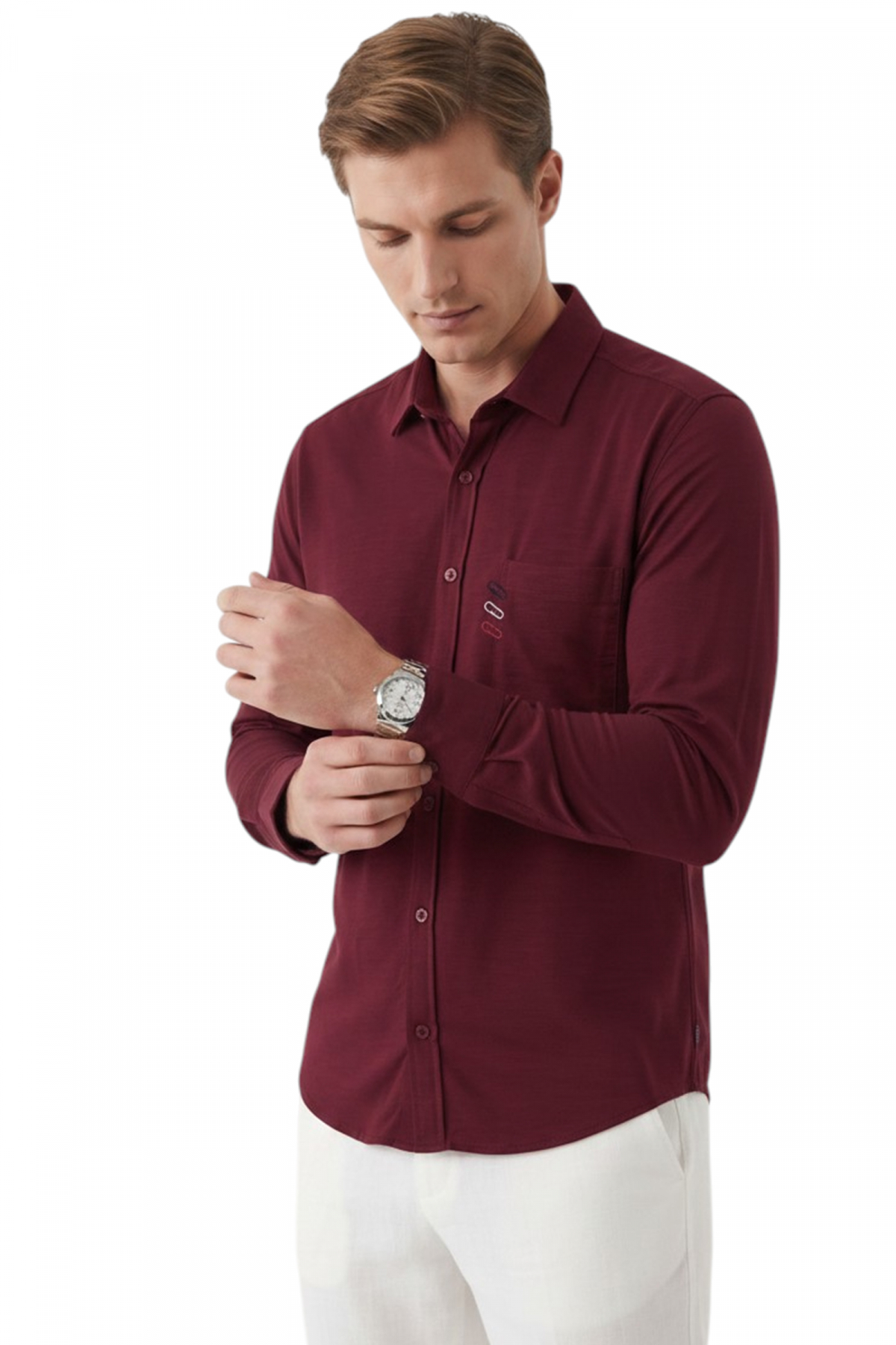 Burgundy Comfortable Non-Wrinkle, Iron-On Modal Fabric Lycra Men's Shirt 2602633