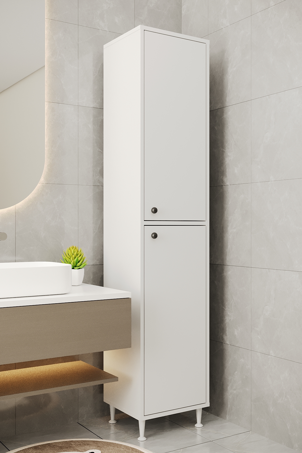 AE-2027 Lina White 2 Door Multipurpose Cabinet 40x180 cm Narrow Height Bathroom Multi-Bay Storage Cabinet with Shelf