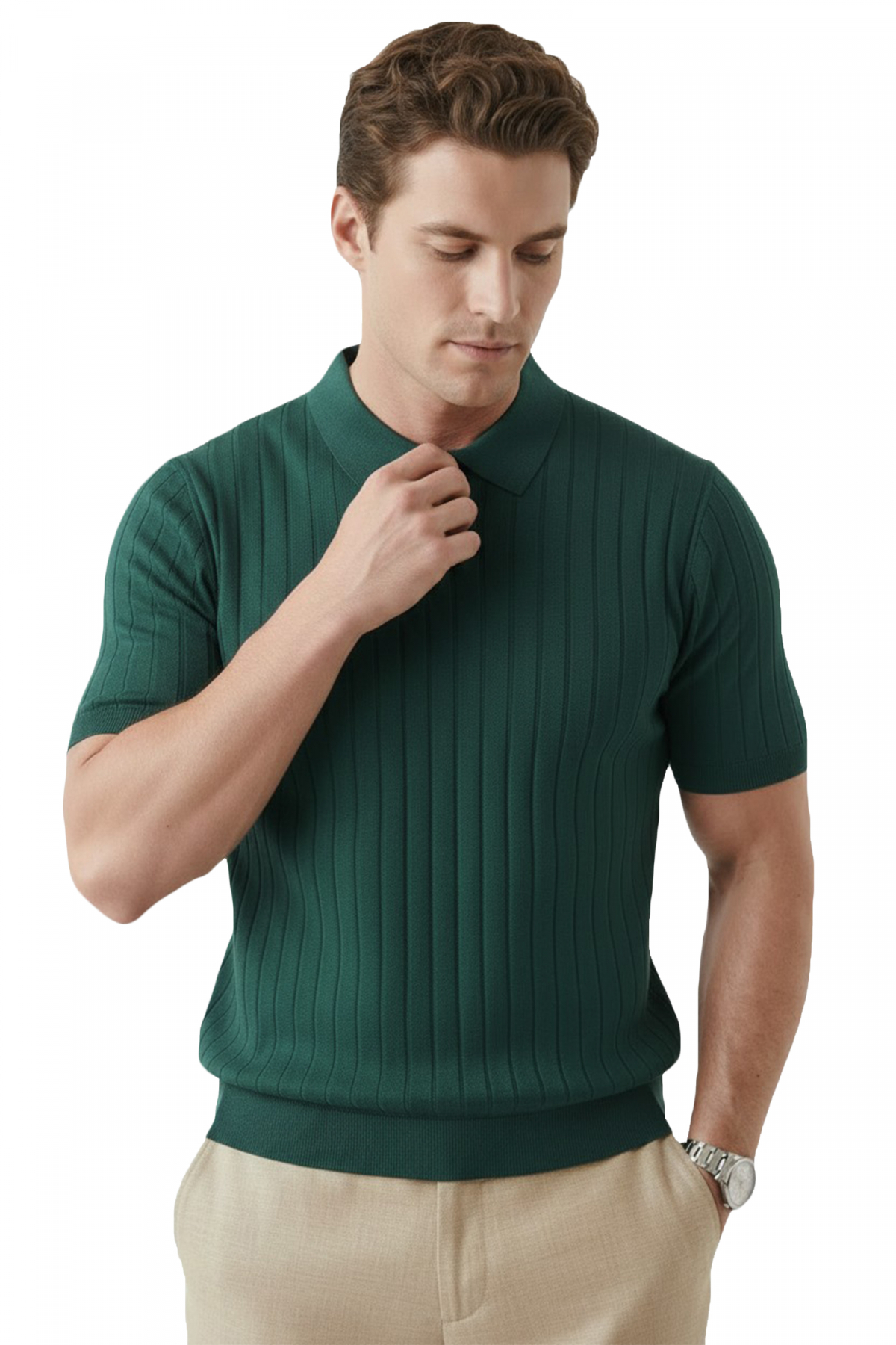 DeepSea Green Polo Collar Knitwear T-Shirt Comfortable Fit Men's Knitwear T-Shirt 2608108