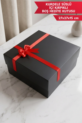 MEG TASARIM DÜNYASI Lüks Siyah Boş Hediye Kutusu 27x27x15 cm - Kırmızı Kurdel...