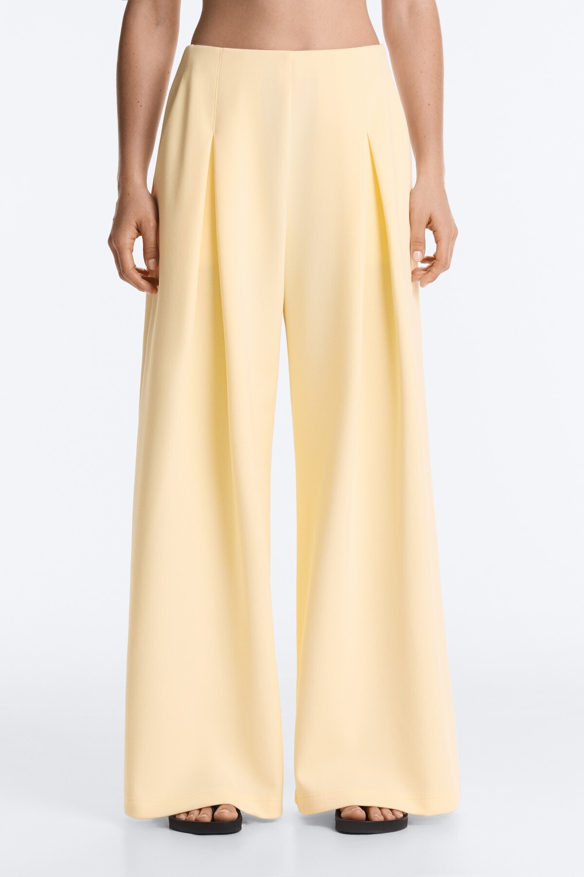 Cotton pleated wide leg long pants