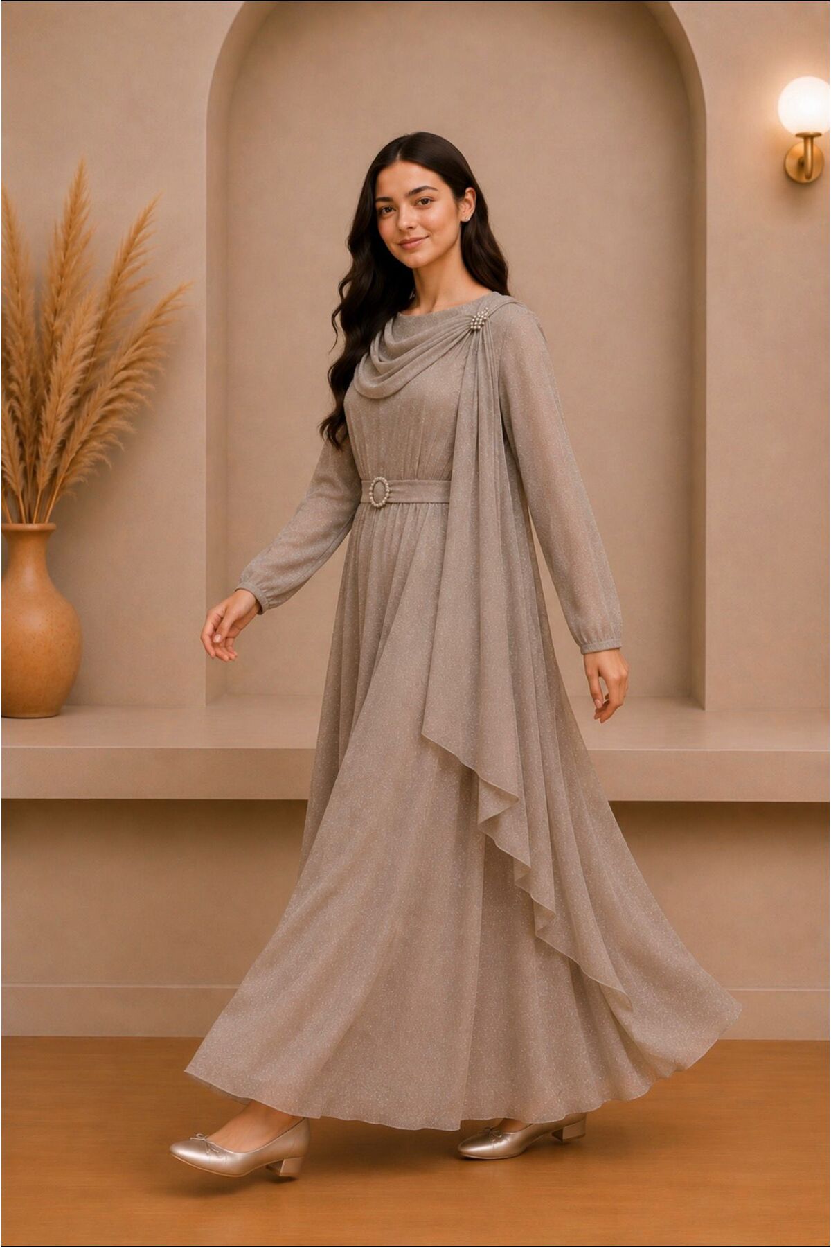 DAĞON'S BALON KOL TASARIMLI DRAPE VE KEMER DETAYLI ÖZEL SİMLİ TÜL KUMAŞ KIZ ÇOCUCUĞU ABİYE DÜĞÜN VE MEZUNİYET ELBİSESİ