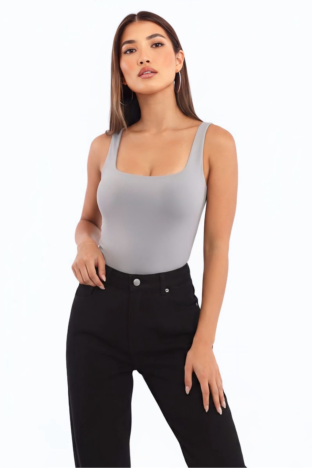Women's Premium Square Neck Grey Bodysuit with Snap Fastener