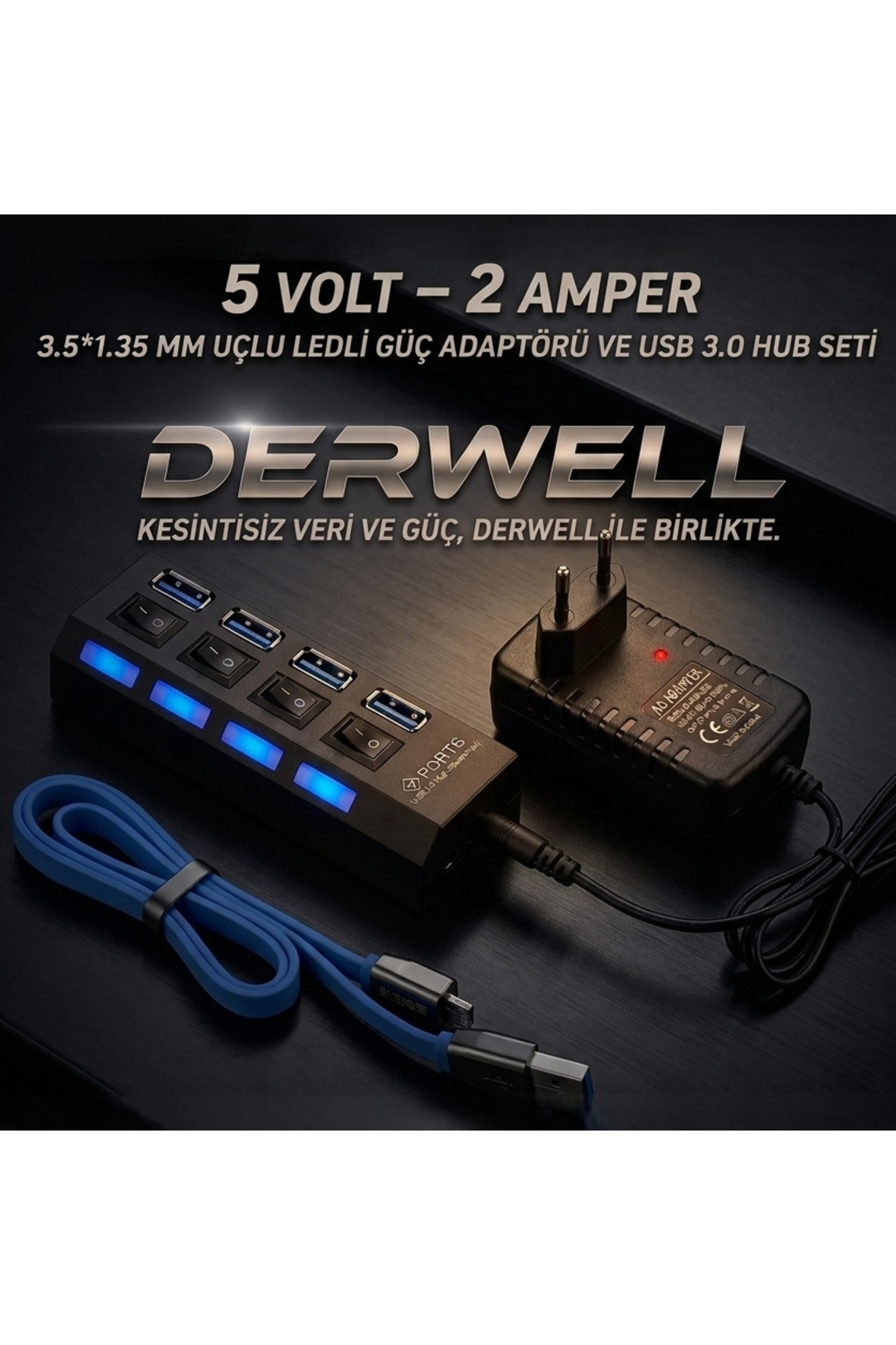3.5*1.35MM Uçlu Ledli Güç Adaptörü - 4 Port 3.0 Usb Hub Seti Anahtarlı Kesintisiz Hız 5 Gpbs