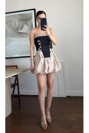 Daphne Krem Denim Korse Balon Etek Takım