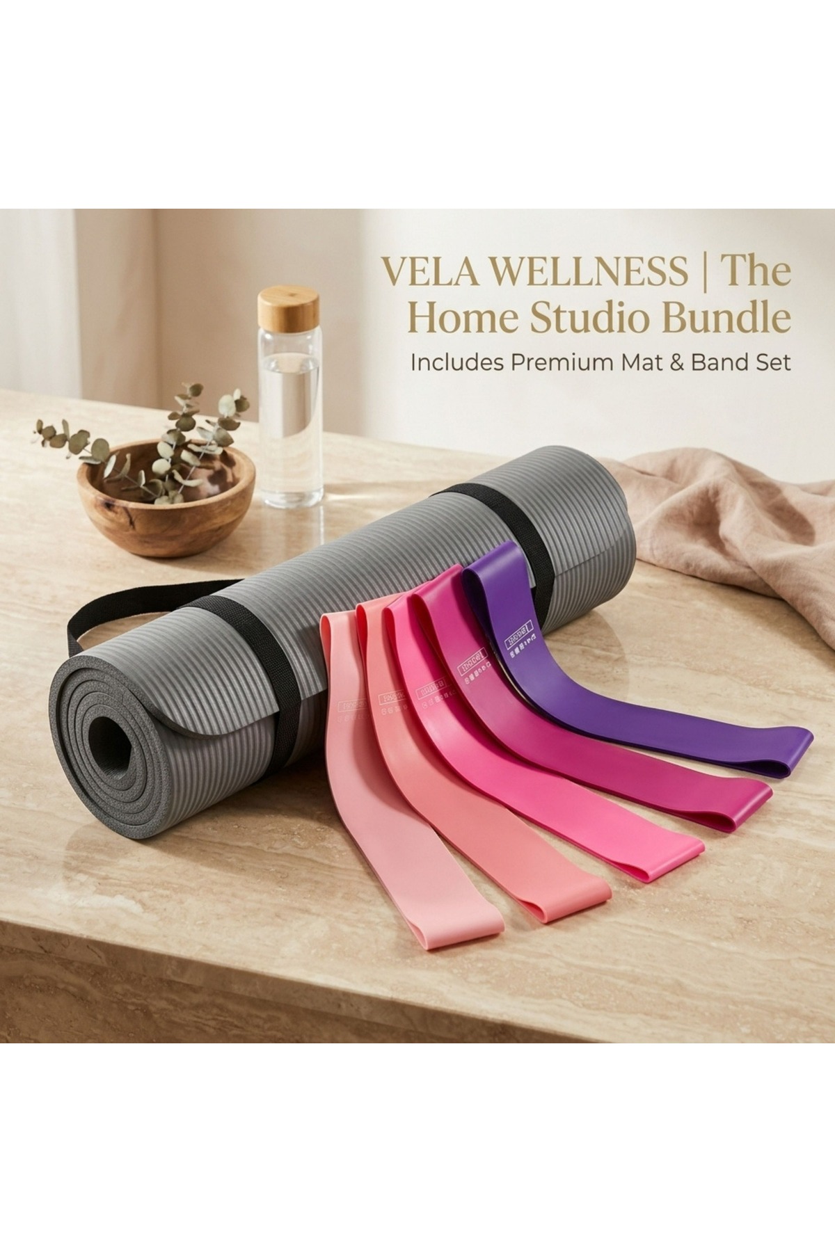 Premium Yoga & Fitness Essentials Bundle – Non-Slip Cushioned Mat with Set of 5 Gradient Resistance Bands and Carrying Strap, rm-257,