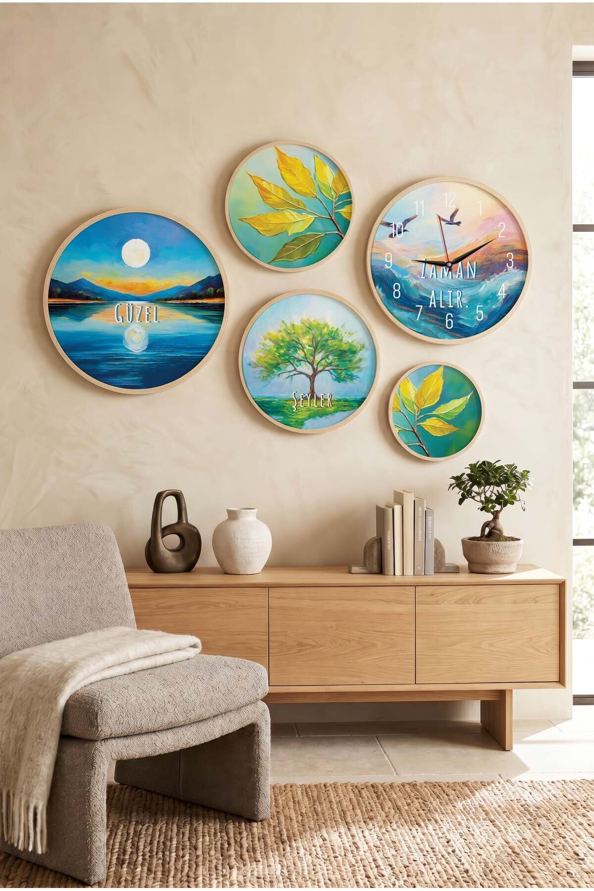 5 Piece Round Wooden Frame Scenic "beautiful things take time" Letter Painting and Clock Set
