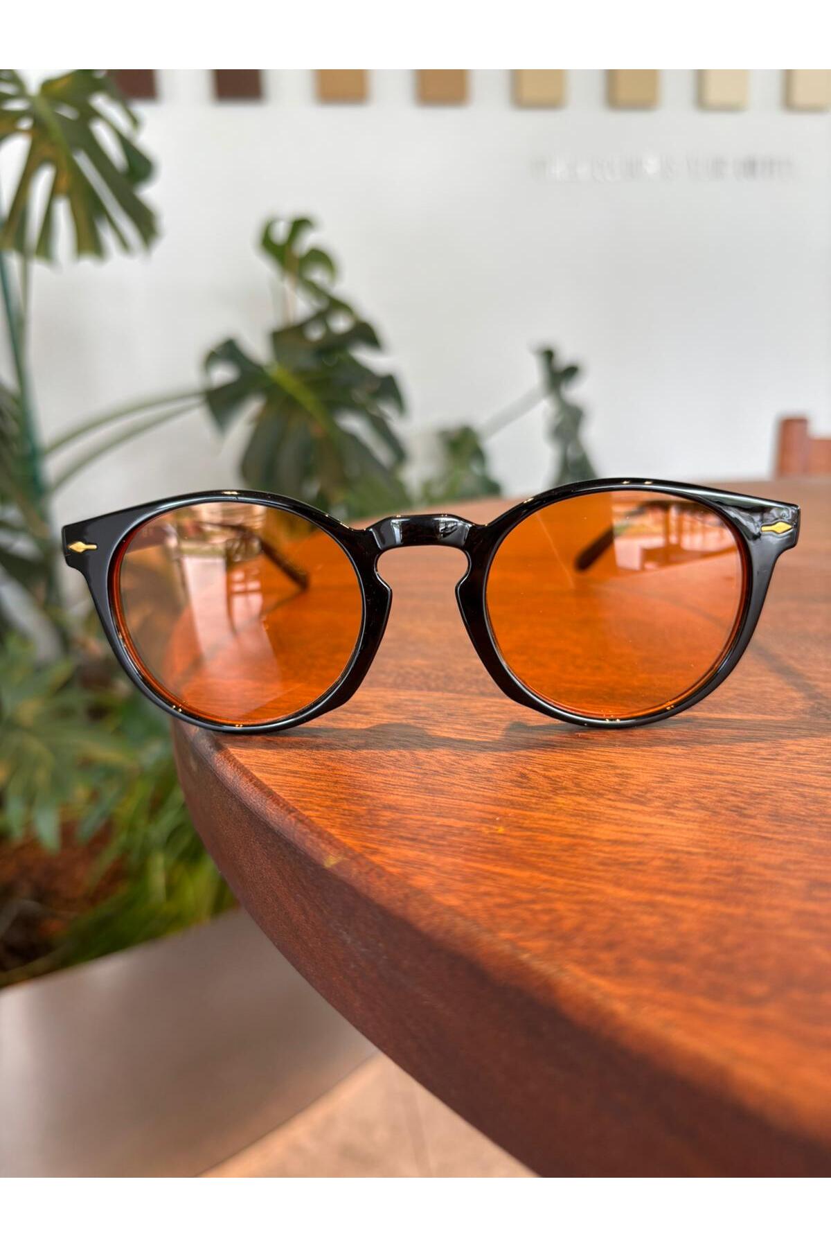 funeyes Brina Yuvarlak Unisex Siyah Turuncu Camlı Güneş Gözlüğü Erkek Kadın görsel 5