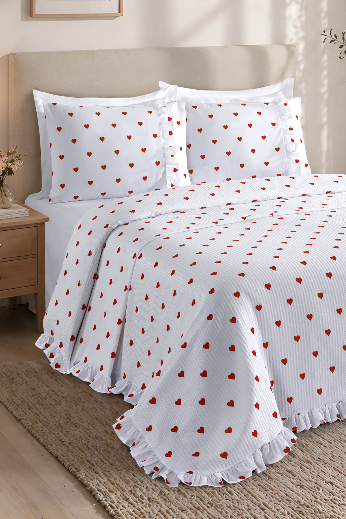 Ruffled Quilting Cover Double Hearted White (1 Piece)