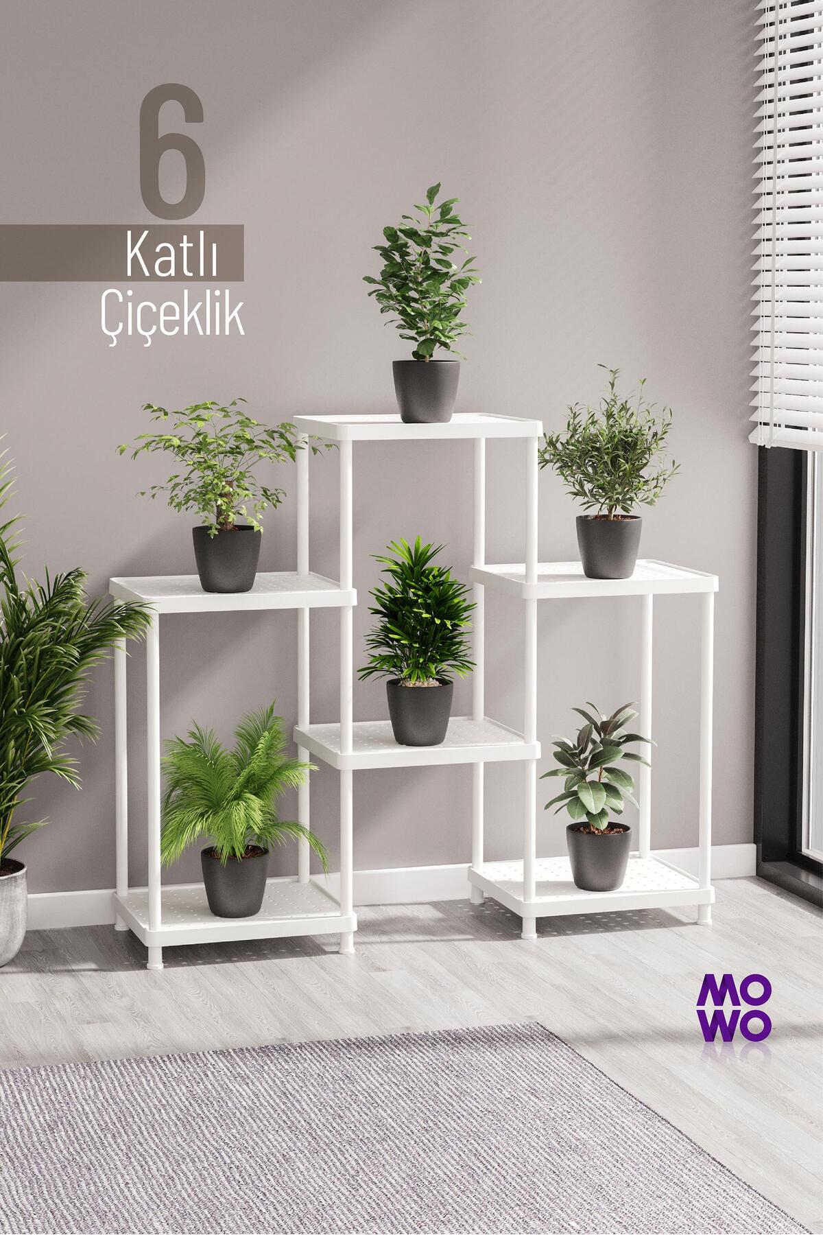 6-Tier White Flower Pot Decorative Flower Pot Stand Balcony Terrace Living Room Flower Pot Shelf 40x33 cm