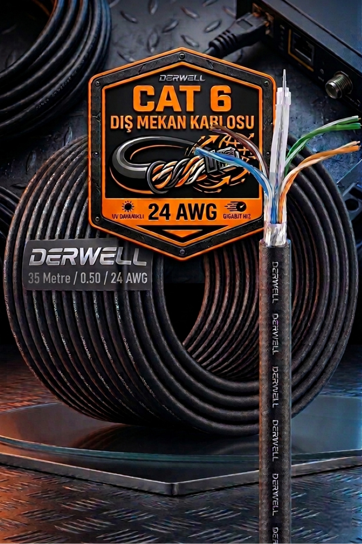 35 Metre Cat 6 Dış Mekan İnternet Ethernet Kablosu 24 AWG UV Dayanıklı Su Geçirmez Siyah Bakır Modem Bağlantı Kablosu