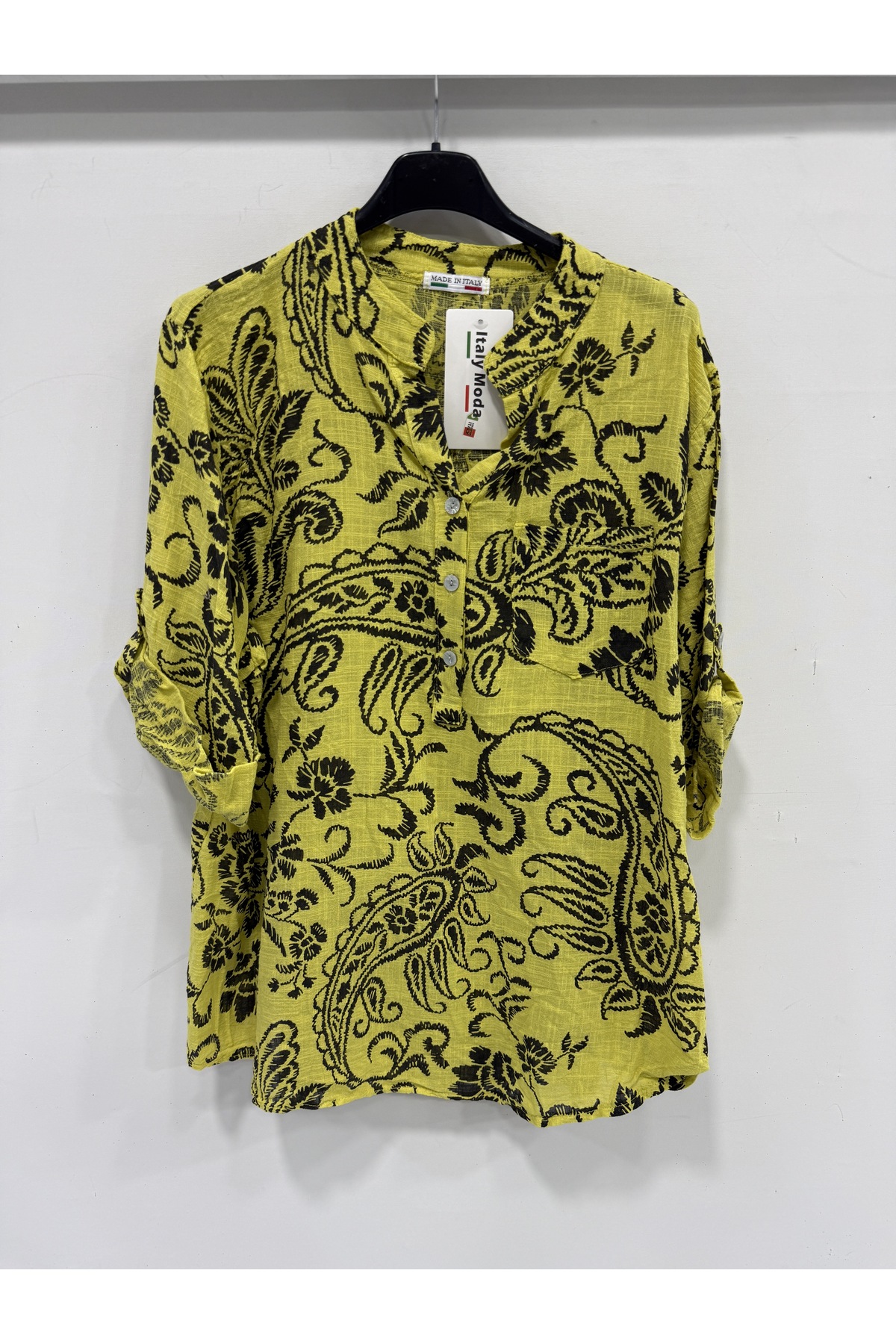 Women's Yellow Italian Ethnic Shawl Pattern Dominant Collar Folding Poor Sleeve Blouse Size 40 - 44