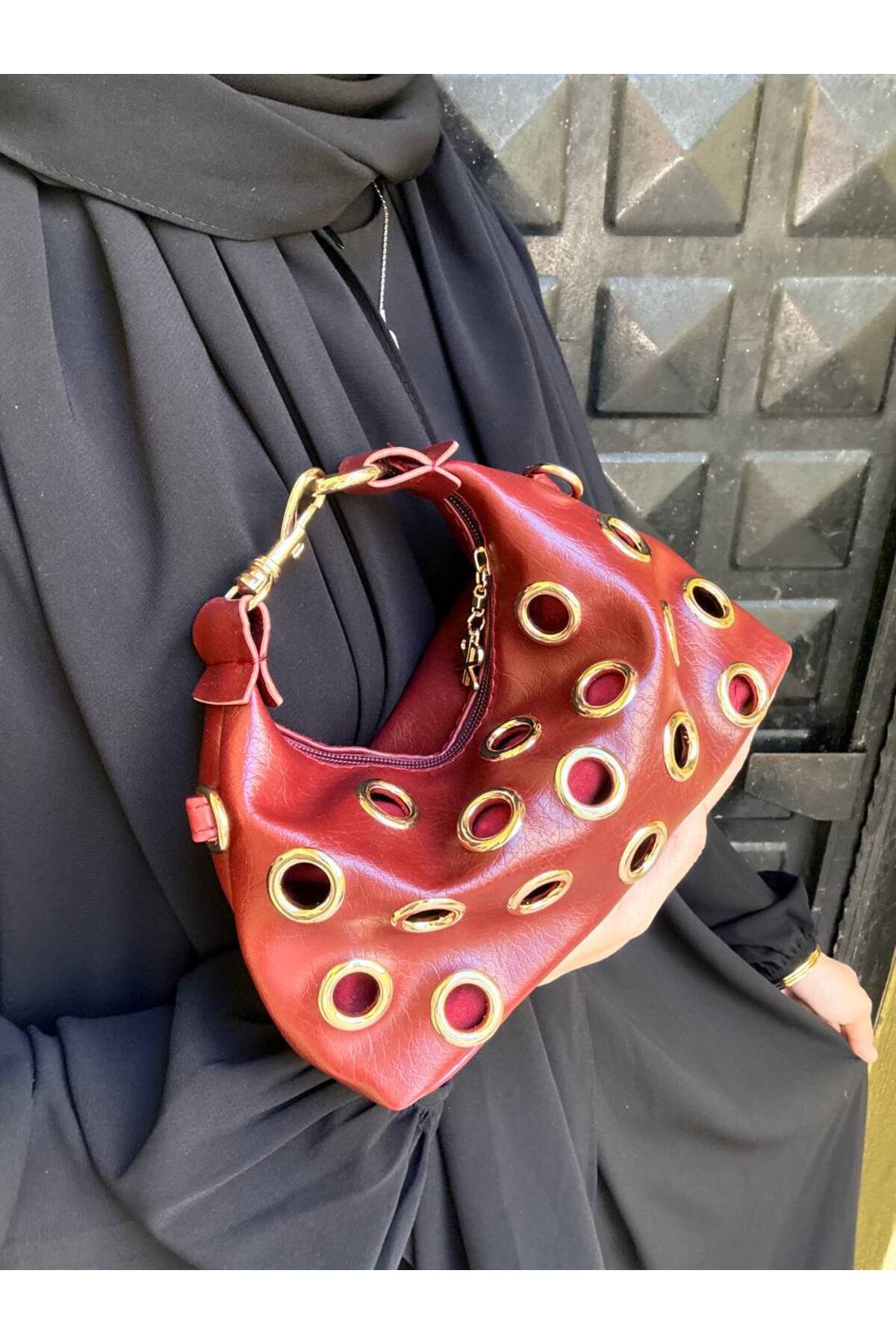 Leather Look Gold Metal Accessory Shoulder Handbag