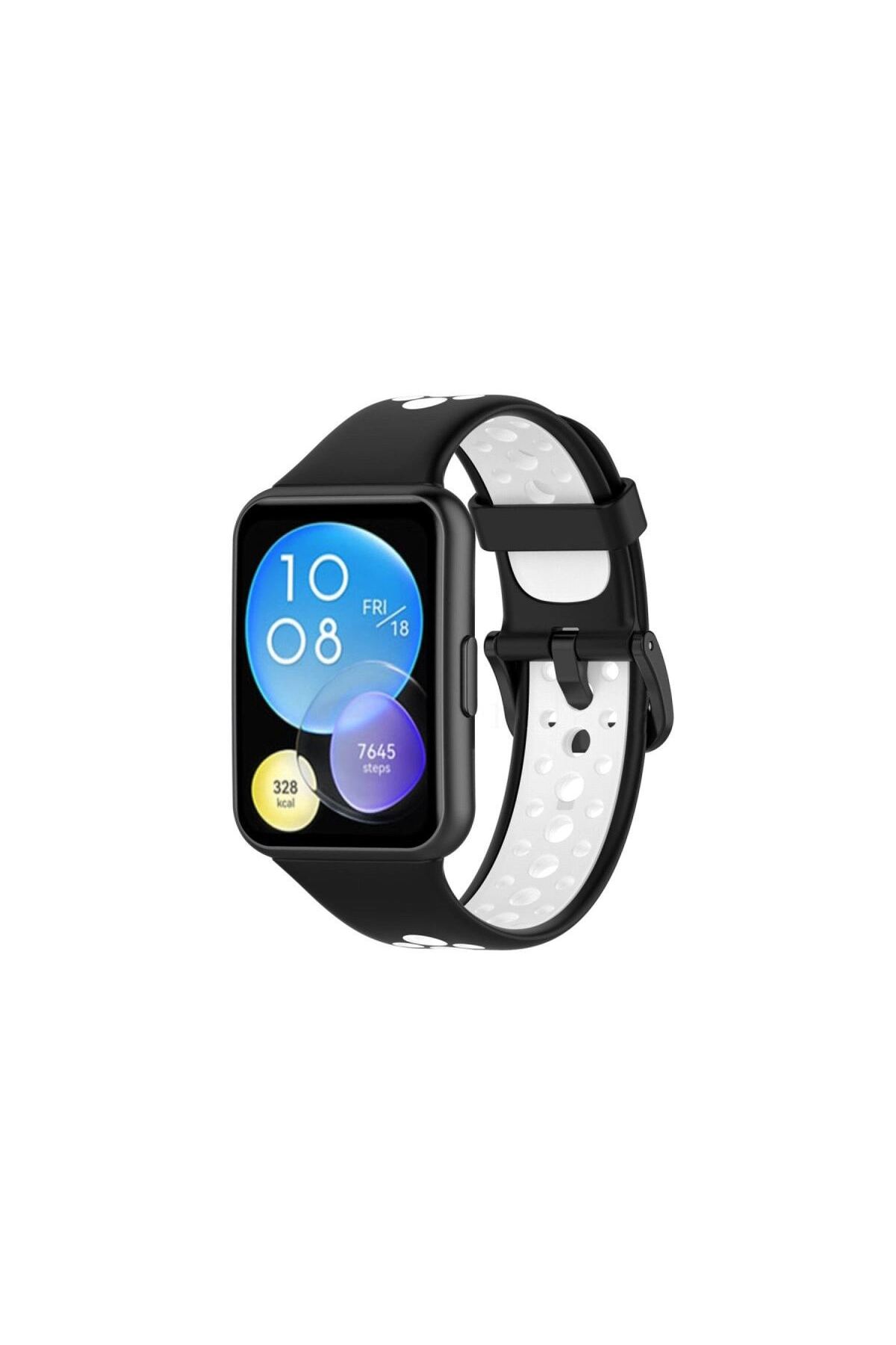 Huawei Watch Fit 2 Spor Delikli Kordon - Siyah-beyaz