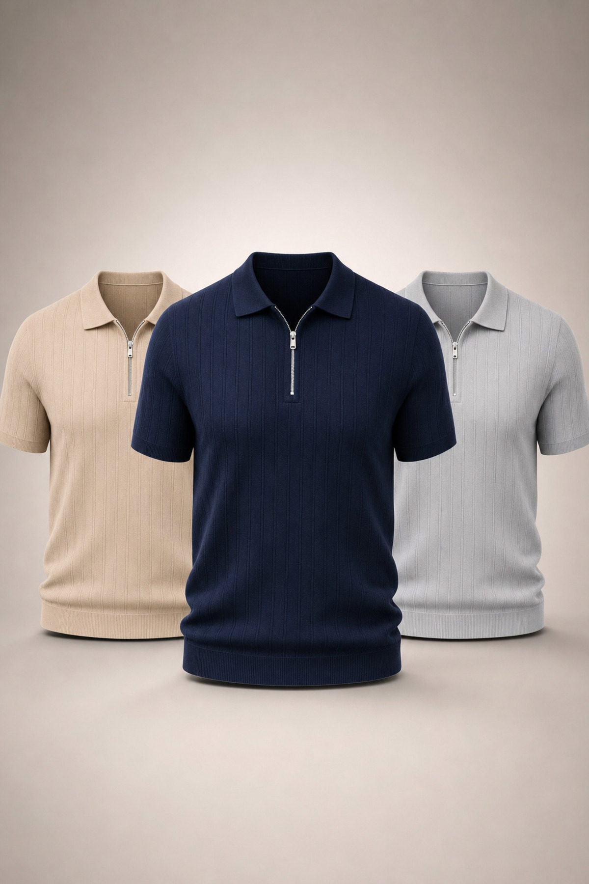 ZMODA SOFT Men's 3-Piece Polo Collar Knitwear Textured Half-Zip Tshirt Regular Summer T-Shirt Set Beige Navy Blue Gray T-Shirt
