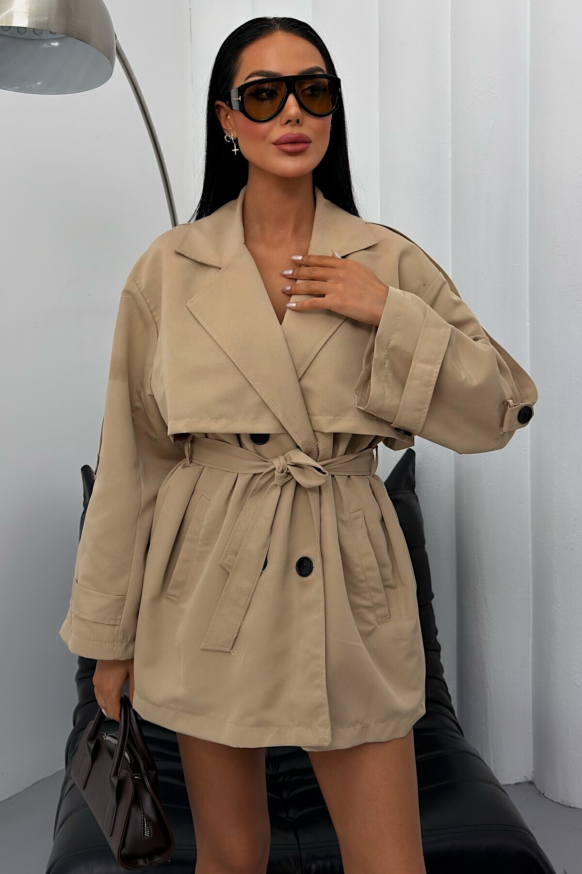 Women's Seasonal Linen Oversized Trench Coat - Buttoned Belted Wrap Collar Short Trench Coat