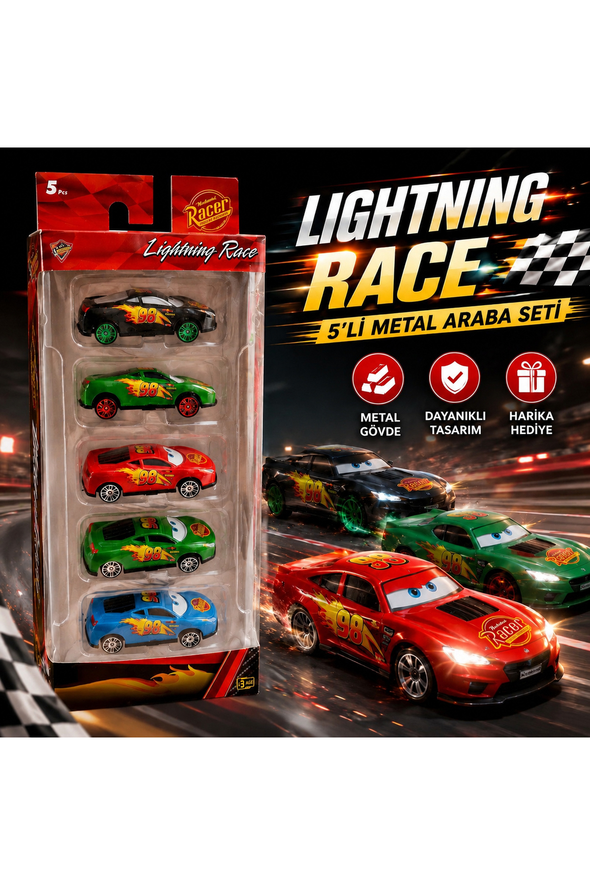RACER 5'li Set Lightning Race Metal Gövdeli Araba Seti – Die Cast