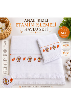 SOFT ÇEYİZCİ ANNE 2’li Analı Kızlı Kadife Etamin El İşlemeli Havlu Seti 50x90...