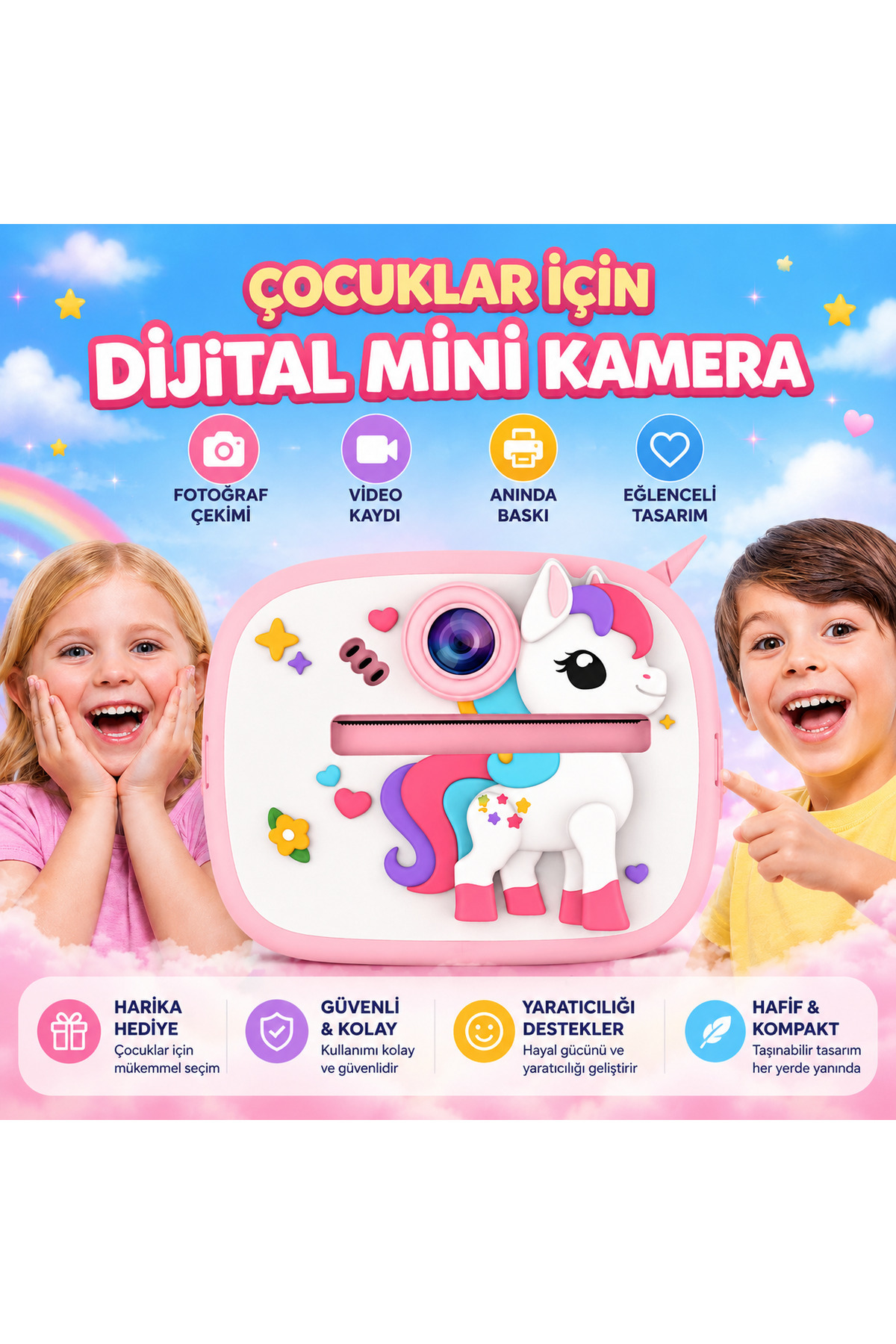 TeknolojiSA Unicorn Tasarımlı Çocuk Kamerası | Anında Baskılı Dijital Fotoğraf Makinesi