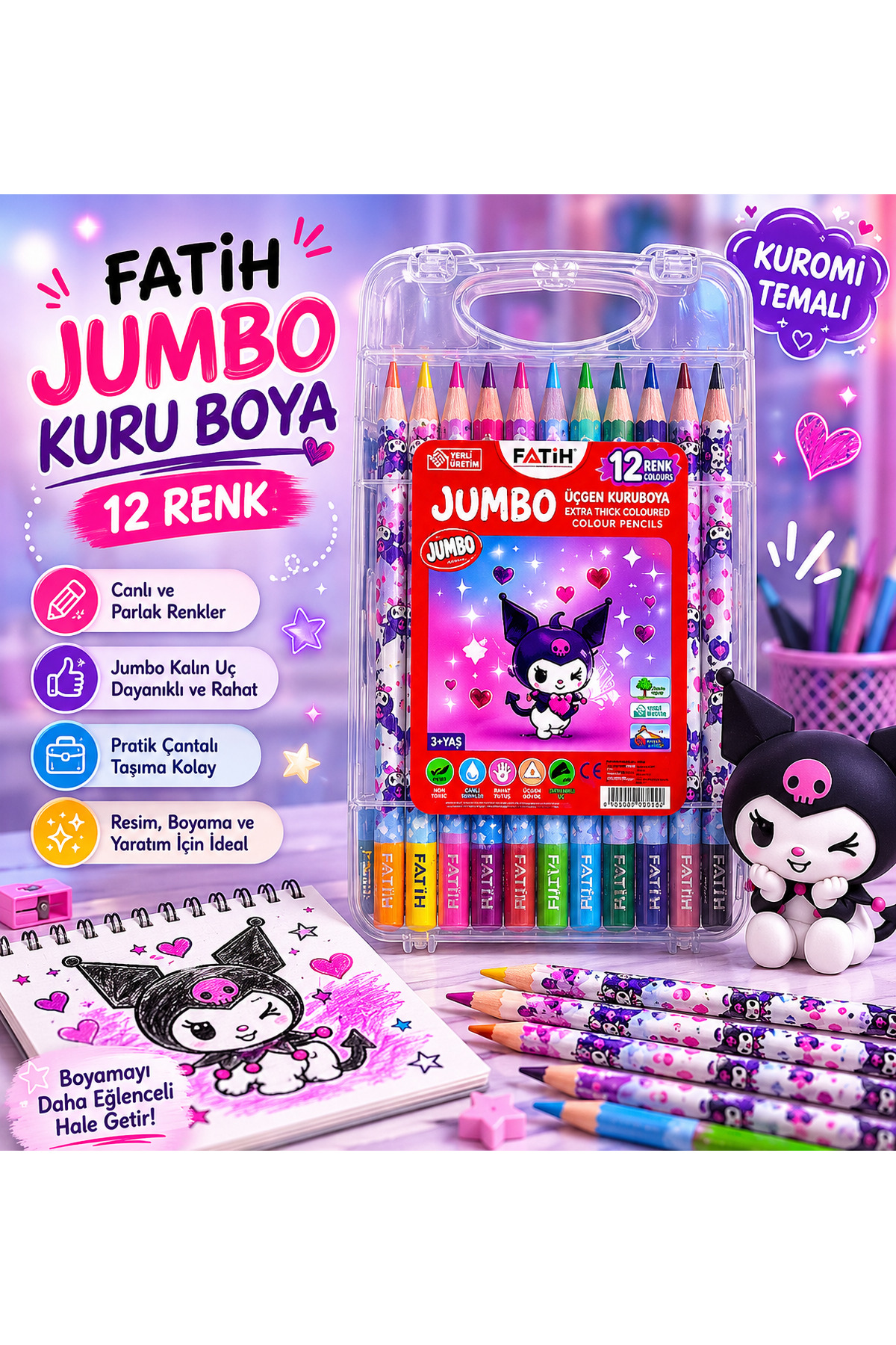 Fatih Kuromi Temalı 12 Renk Jumbo Kuru Boya Seti Üçgen Gövde Pratik Çantalı