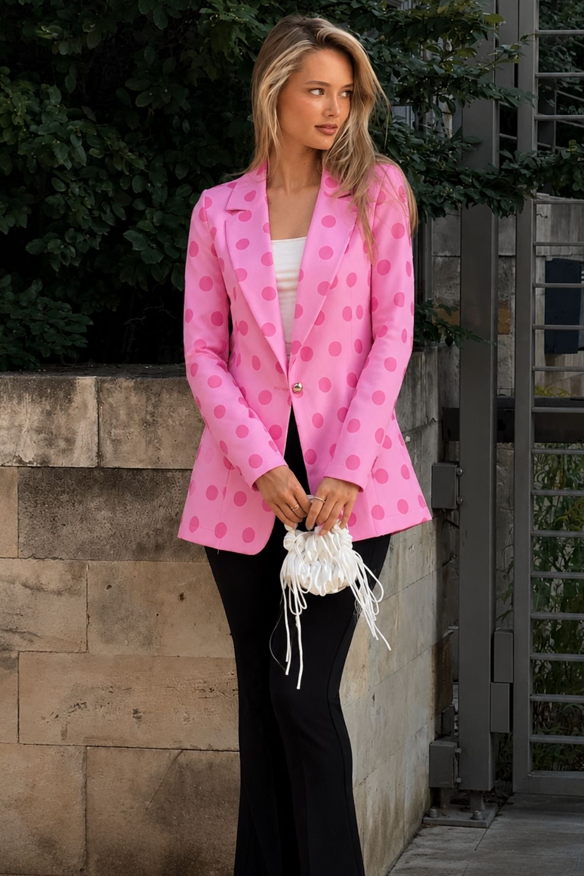 Women's Pink Polka Dot One Button Jacket ARM-26Y001116