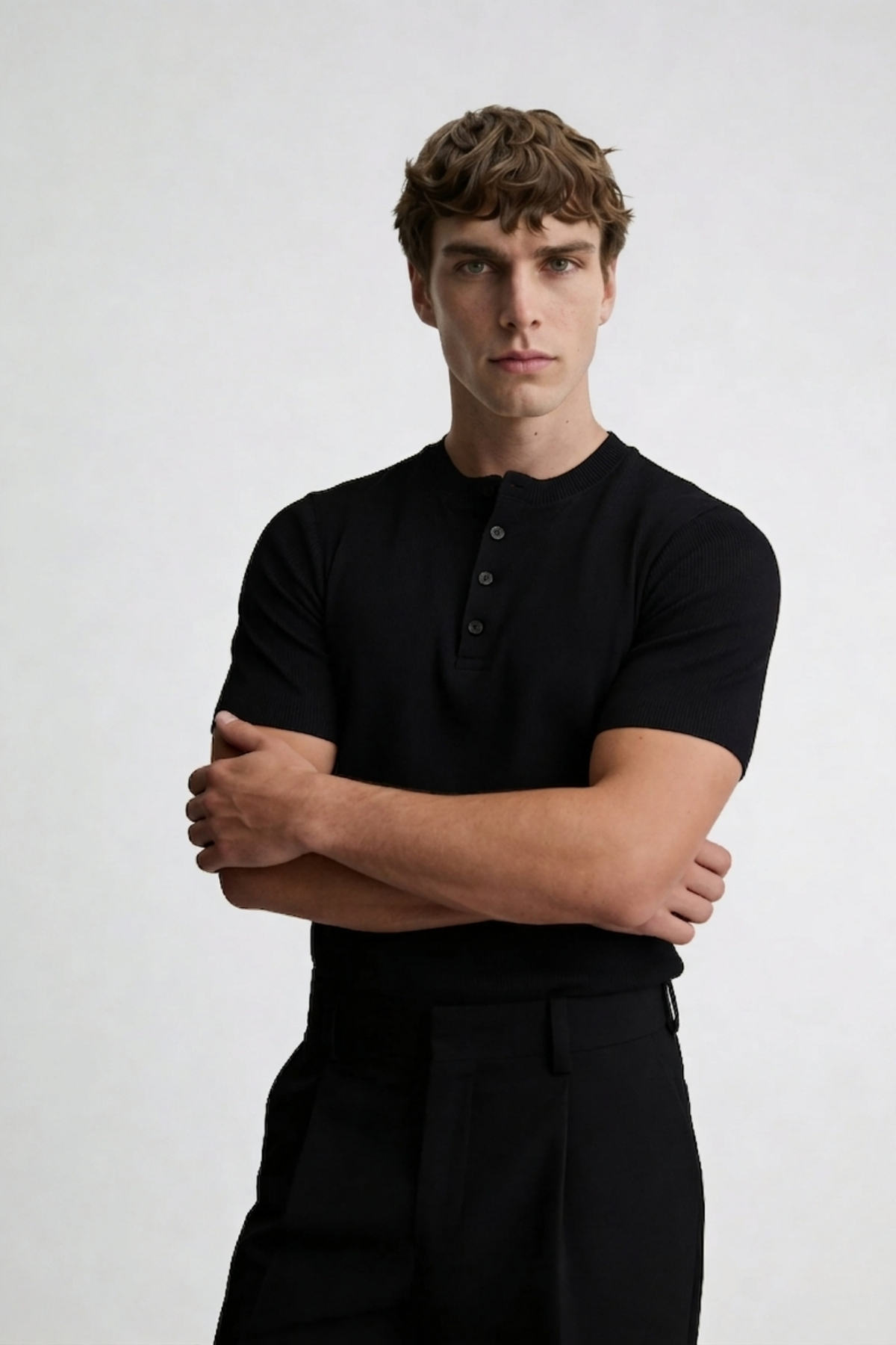 ATE STUDIOS Henley Yaka Dar Kesim Kısa Kol Erkek Loose Fit Tişört görsel 4