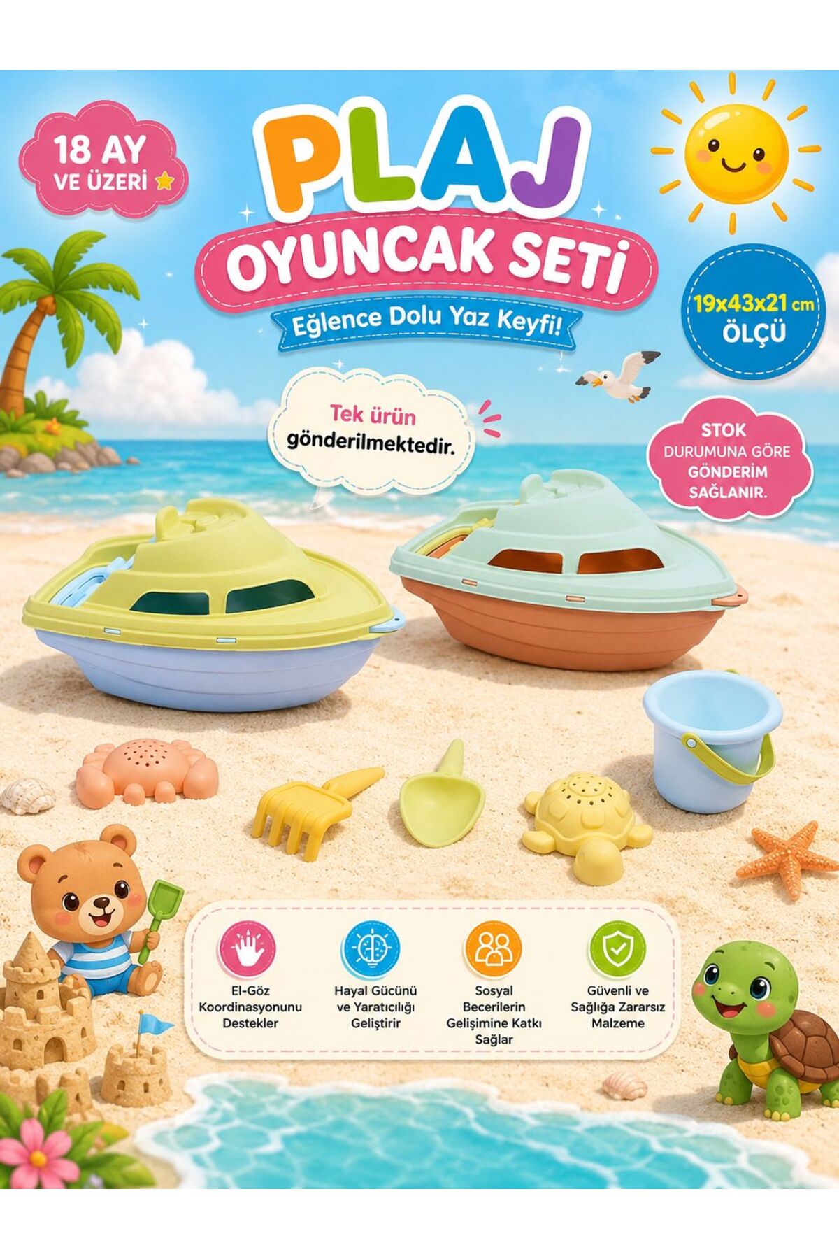 Oversized Beach Toy Set Sandgame Set with Boat Bucket Sea Toy 19x43x21 cm 18 Months+