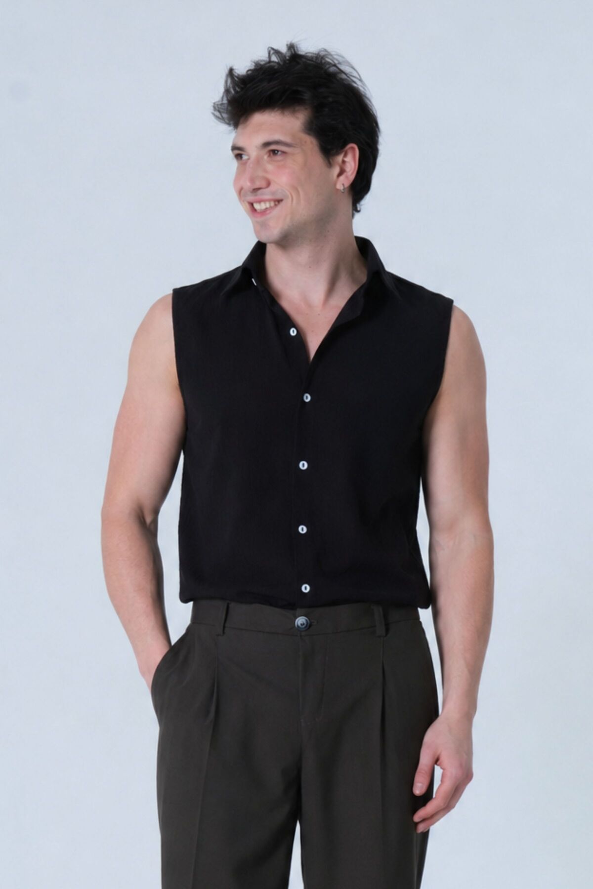 RELAXL 2XS-10XL Kolsuz Erkek Gömlek Yazlık Smart Casual Siyah Gömlek