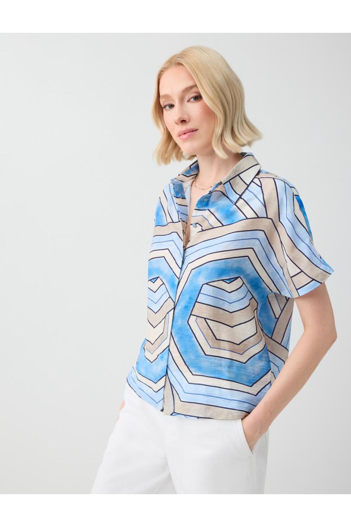 Jimmy Key Blue Short Sleeve Patterned Maroken Shirt