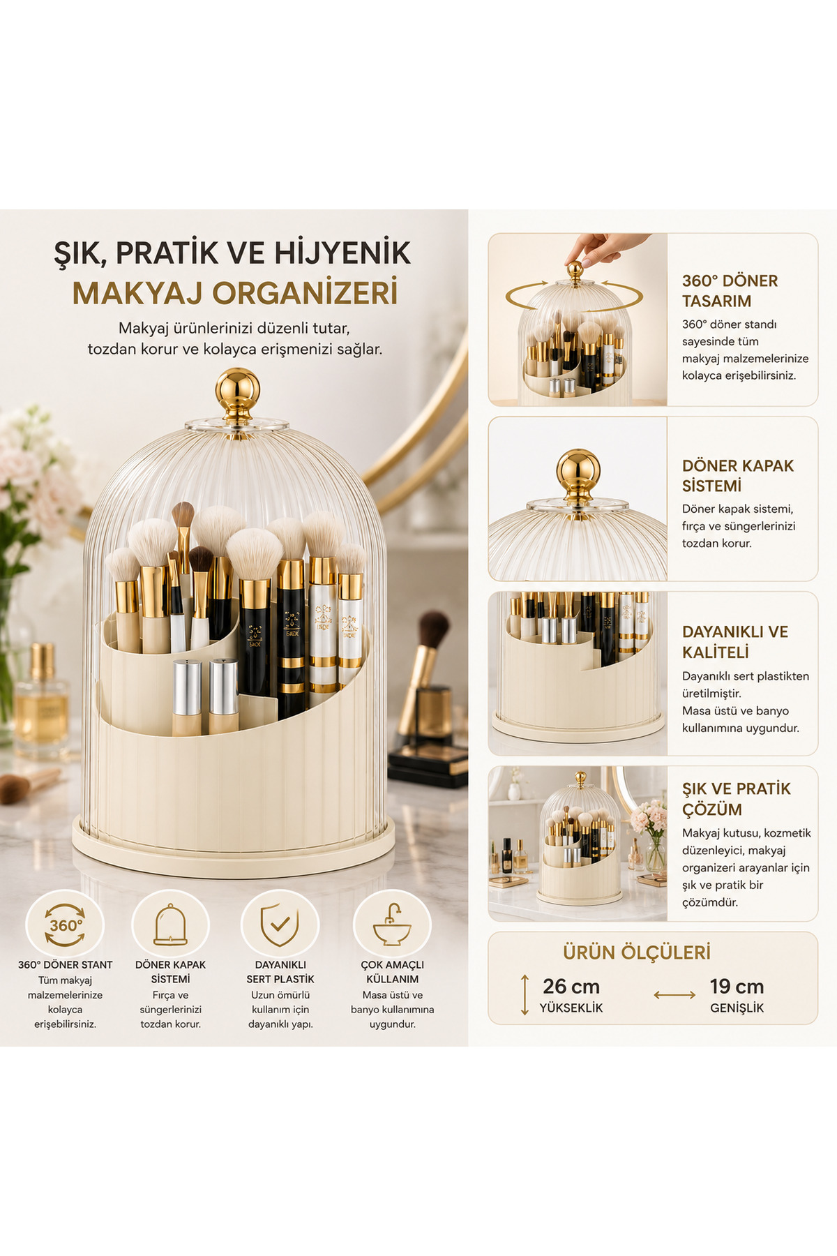 ARBU PLASTİK Fırçalık Makyaj Organizeri 5 Bölmeli Mega 360 Döner
