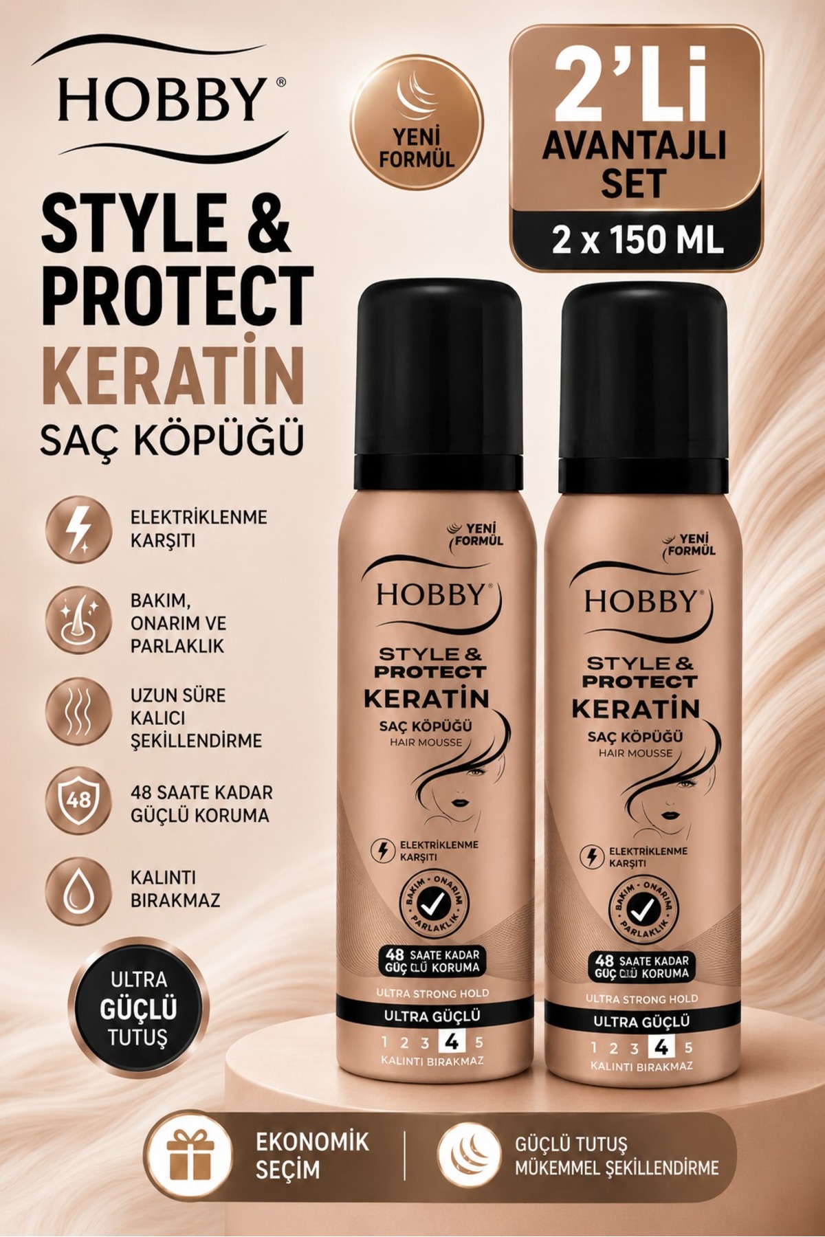 Hobby Saç Köpüğü Keratin Güçlü Tutuş 150 ml 2 Adet — NCF-KeratinSet