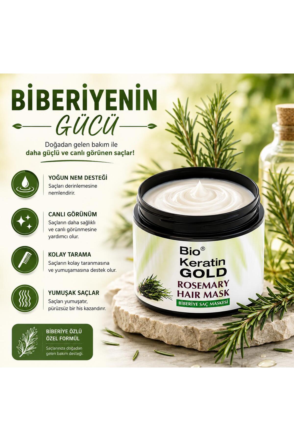 Biberiye Saç Maskesi 500ml Rosemary Hair Mask Yoğun Nem ve Bakım — A449 — تصویر 2 از 6