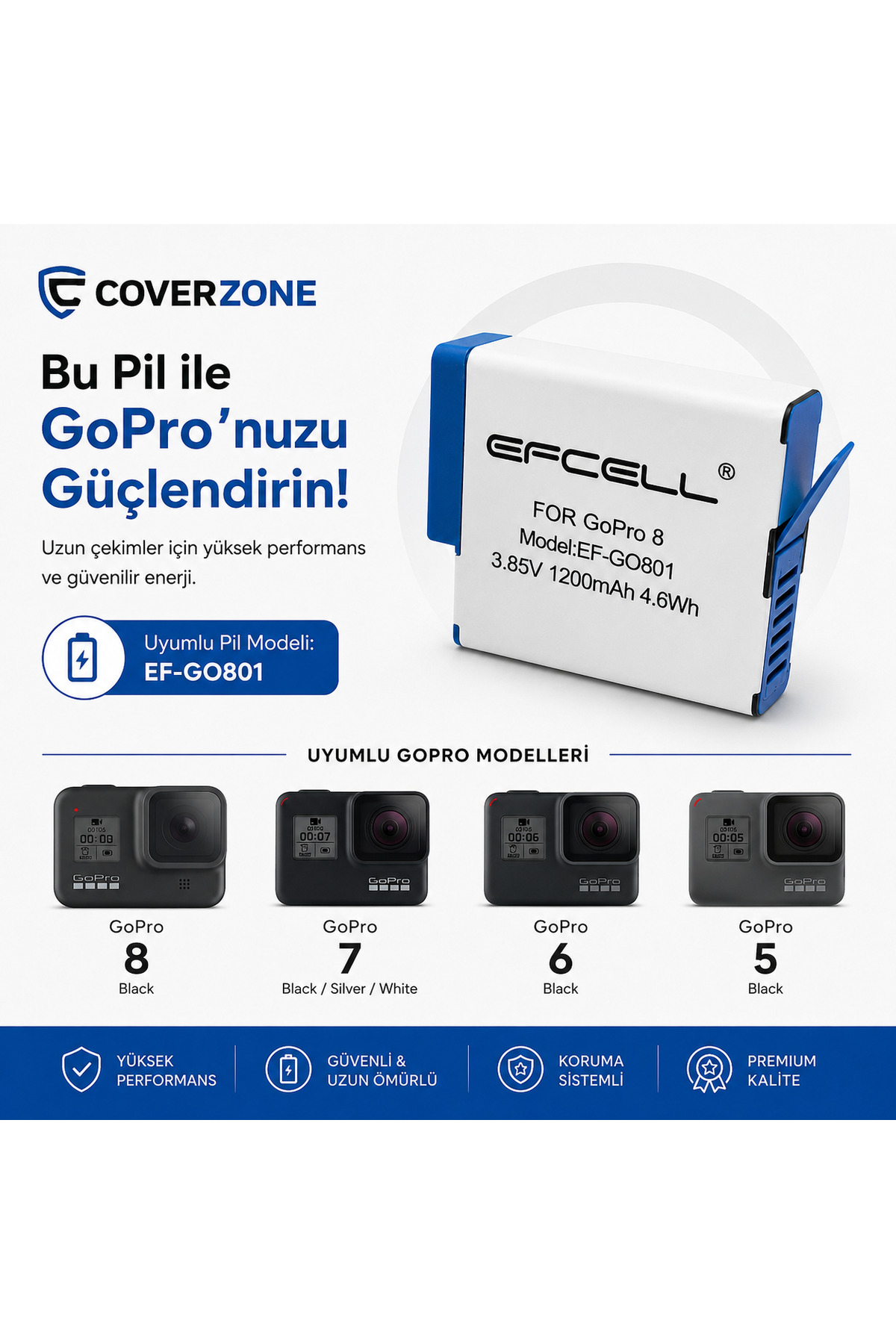 Coverzone GoPro Hero 5/6/7/8 Black & 2018 Uyumlu 1200mAh Aksiyon