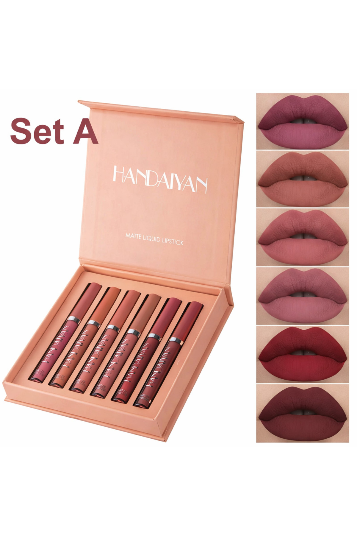 Handaiyan Top Bottom Set of 6 Matte Liquid Lipsticks, 8-hour Transfer Resista...