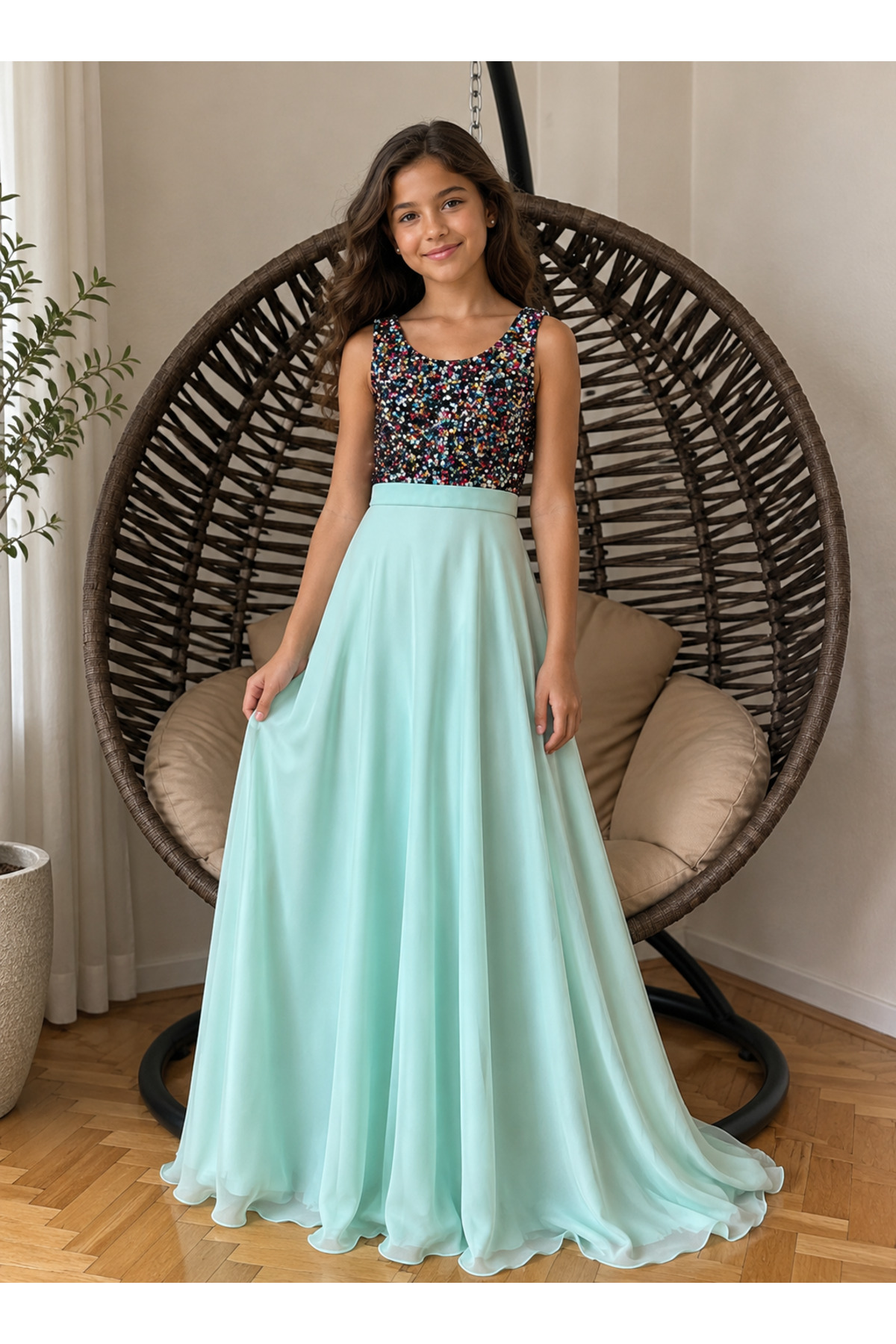 MODA NUR Mint Yeşili Payetli Kız Çocuk Abiye Elbise