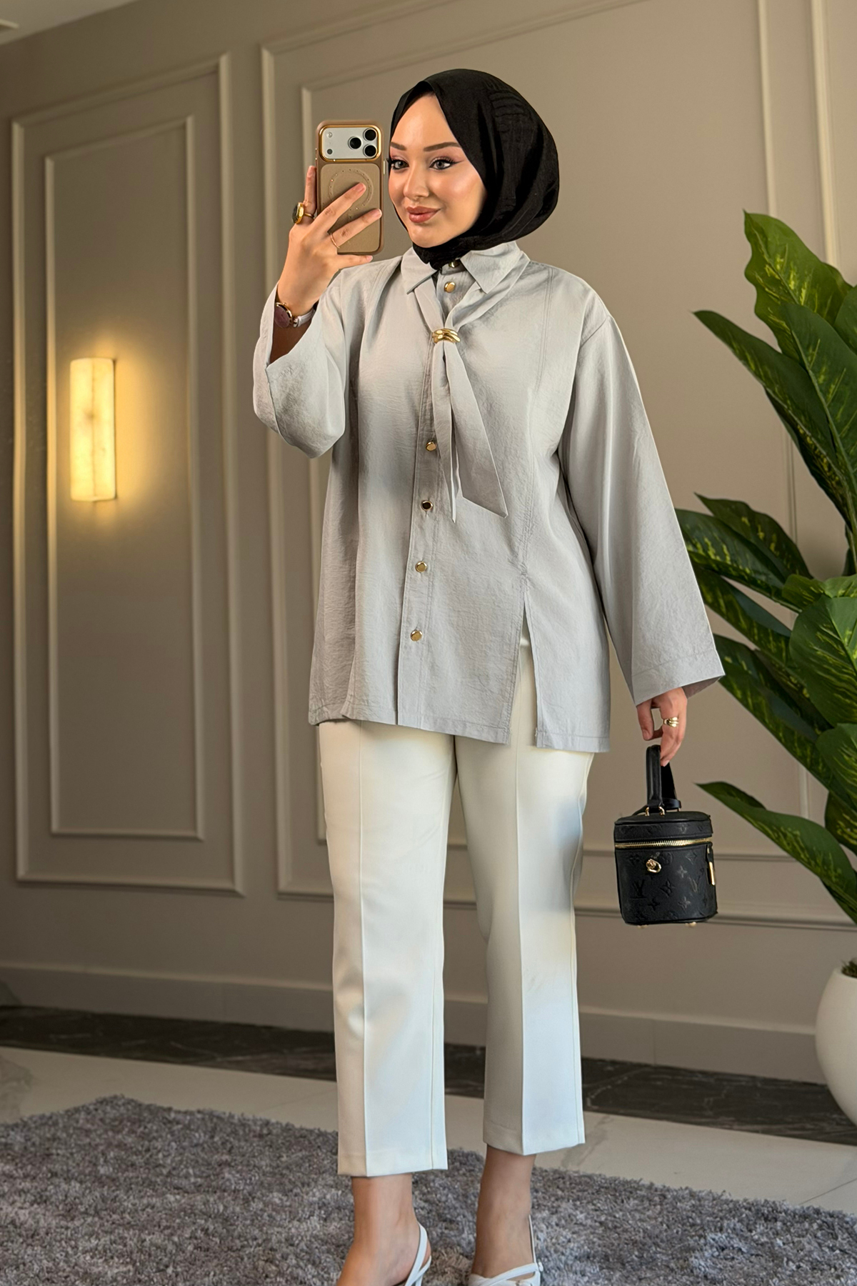 Suede Style  6463 - Şık Rahat Kravat Detaylı Dokuma Şeftali Kumaş Kadın Gömlek - Görsel 6
