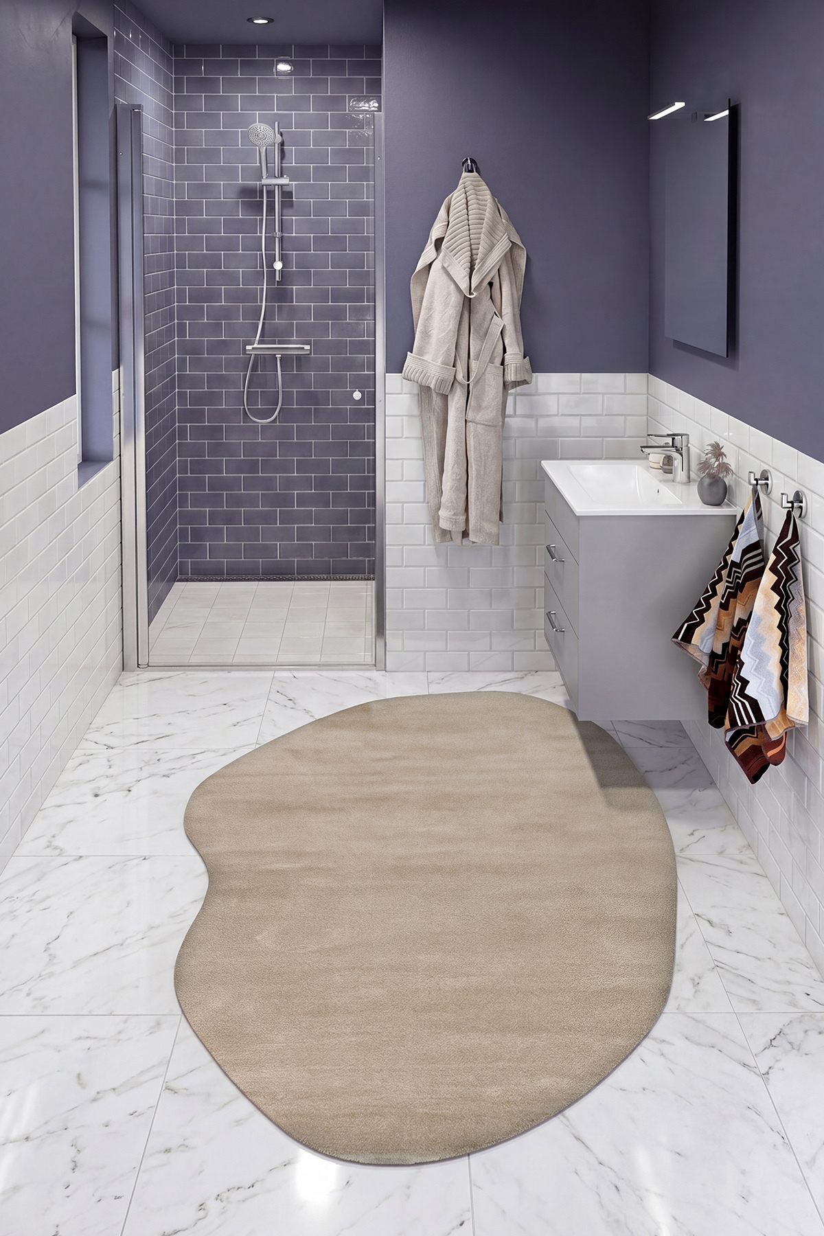 Puffy Beige Amorphous Bath Rug Asymmetrical Design Thick Plush Soft Shower Front Bath Mat (80x120)
