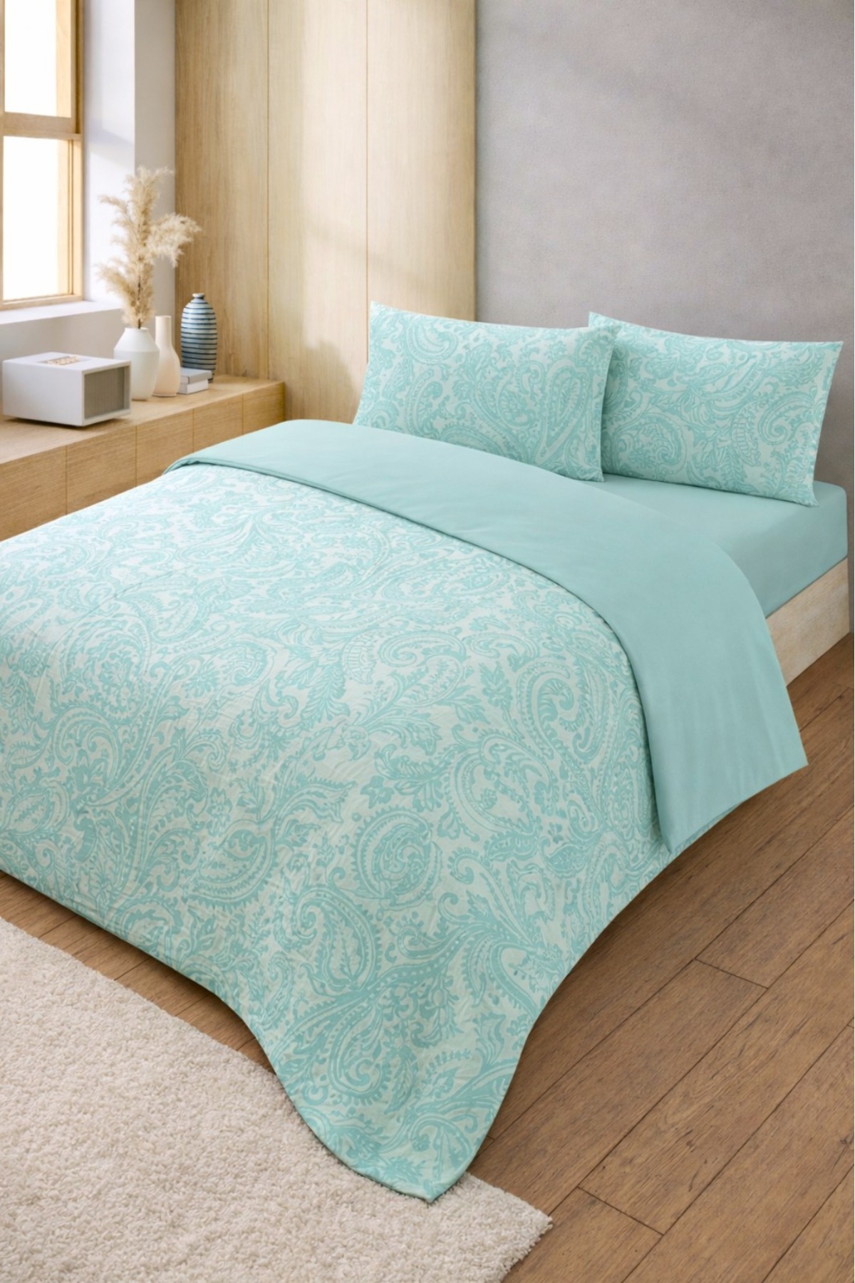 Easy Iron 160x200 Double Duvet Cover Set Fitted Bed Sheet Duvet Cover Pillowcase) Turquoise