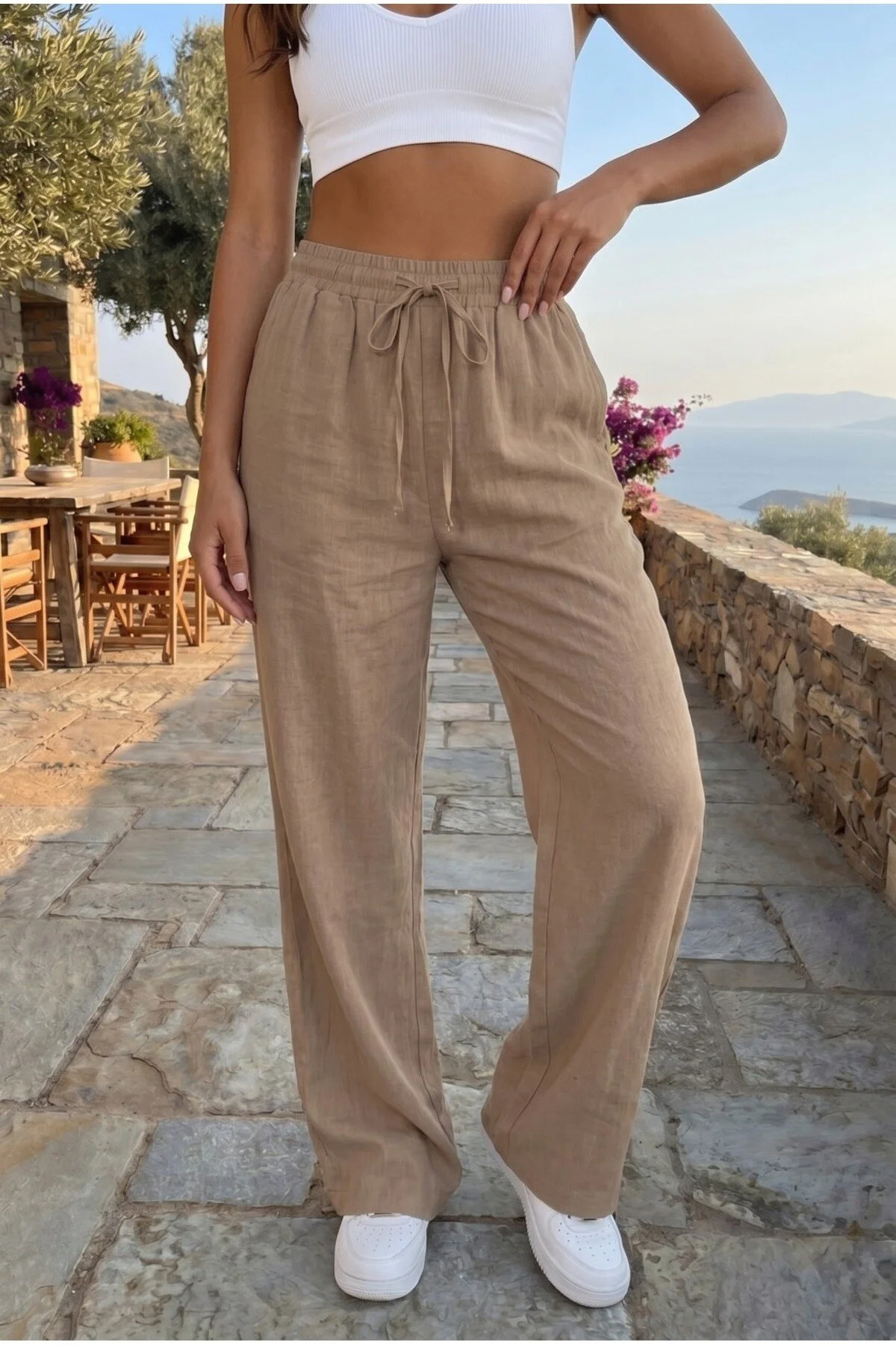 Milano Women's Linen Blend Elastic Waist Wide Cut Trousers 2026