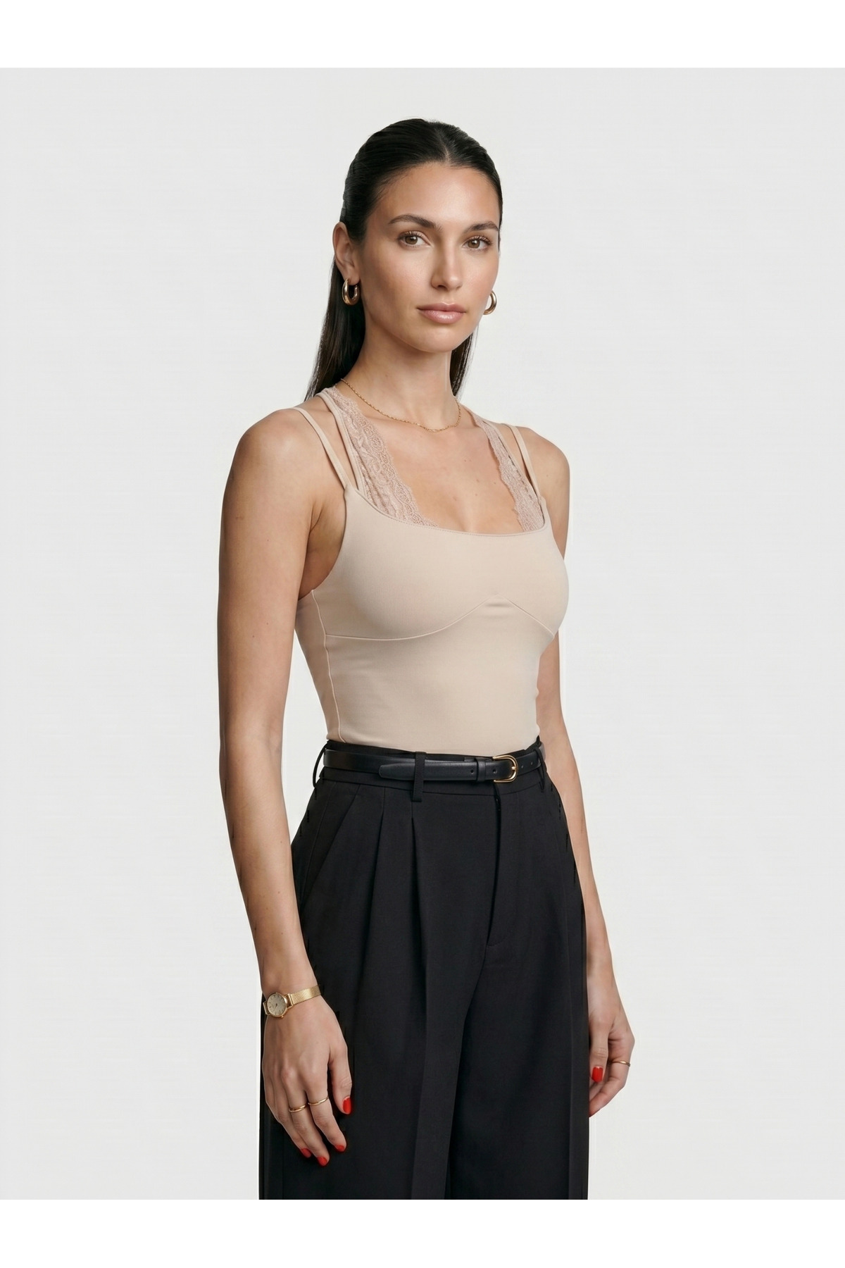 Kadın Dantel Yaka İnce Askılı Çıtçıtlı Body Slim Fit Dar Kalıp Likralı Bodysuit - Bej 3