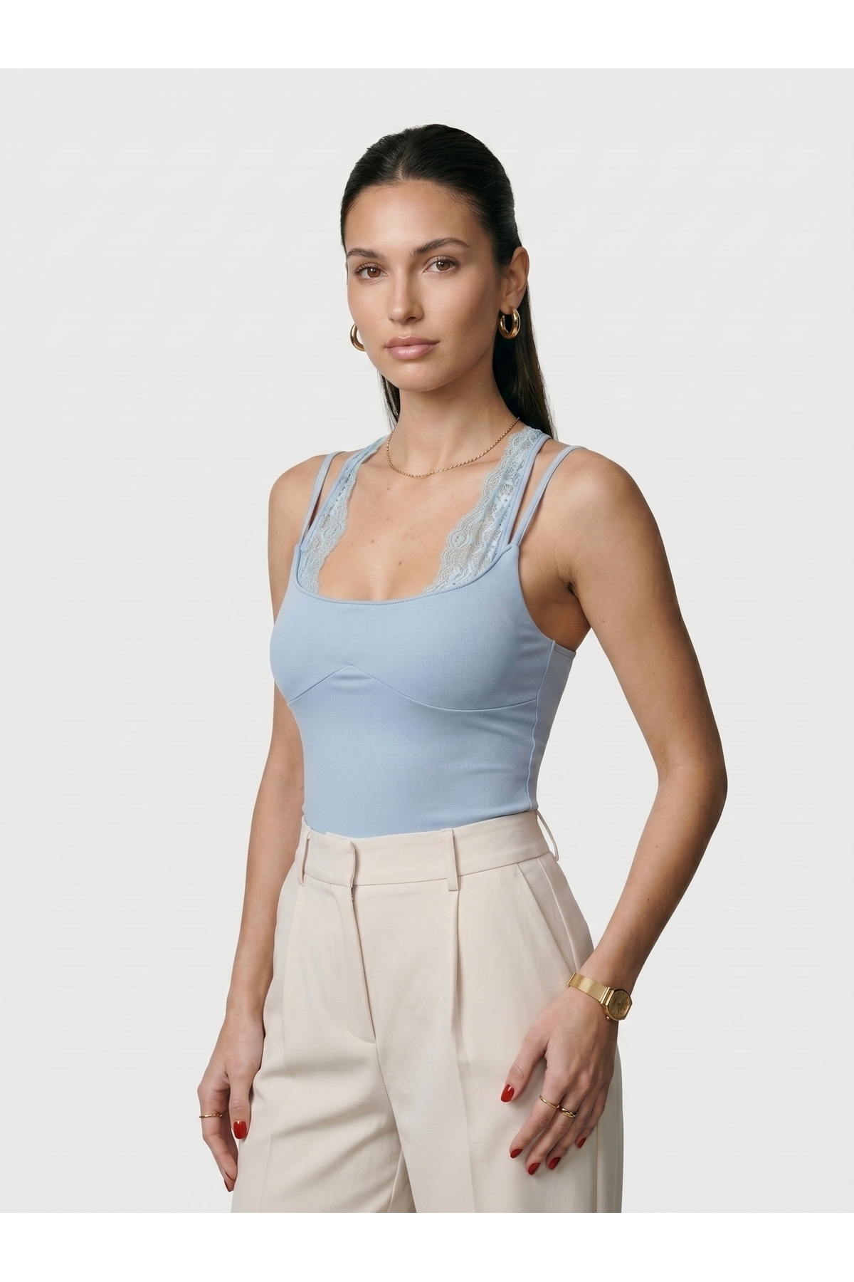 Kadın Dantel Yaka İnce Askılı Çıtçıtlı Body Slim Fit Dar Kalıp Likralı Bodysuit - Mavi 3
